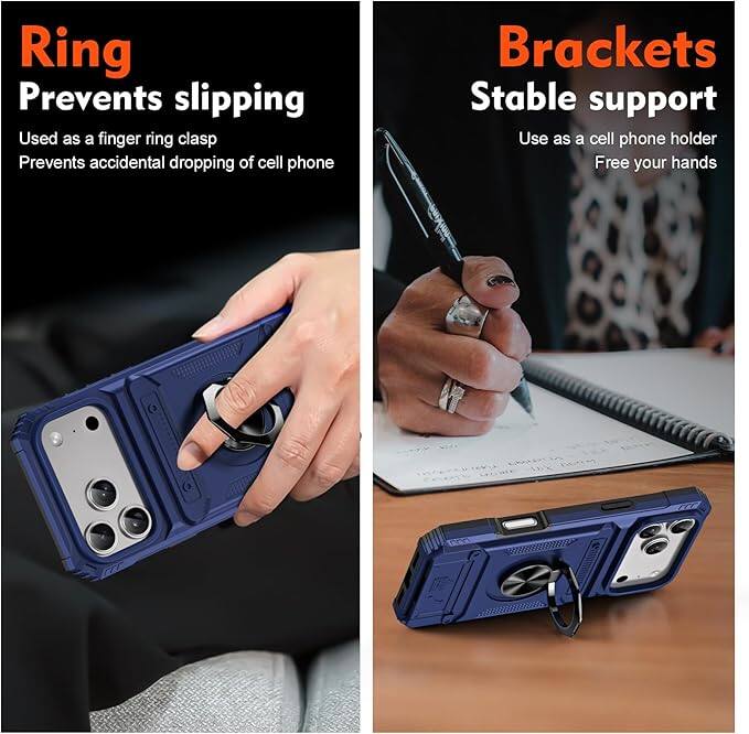 **Ring**  
Prevents slipping  
Used as a finger ring clasp  
Prevents accidental dropping of cell phone  

**Brackets**  
Stable support  
Use as a cell phone holder  
Free your hands
