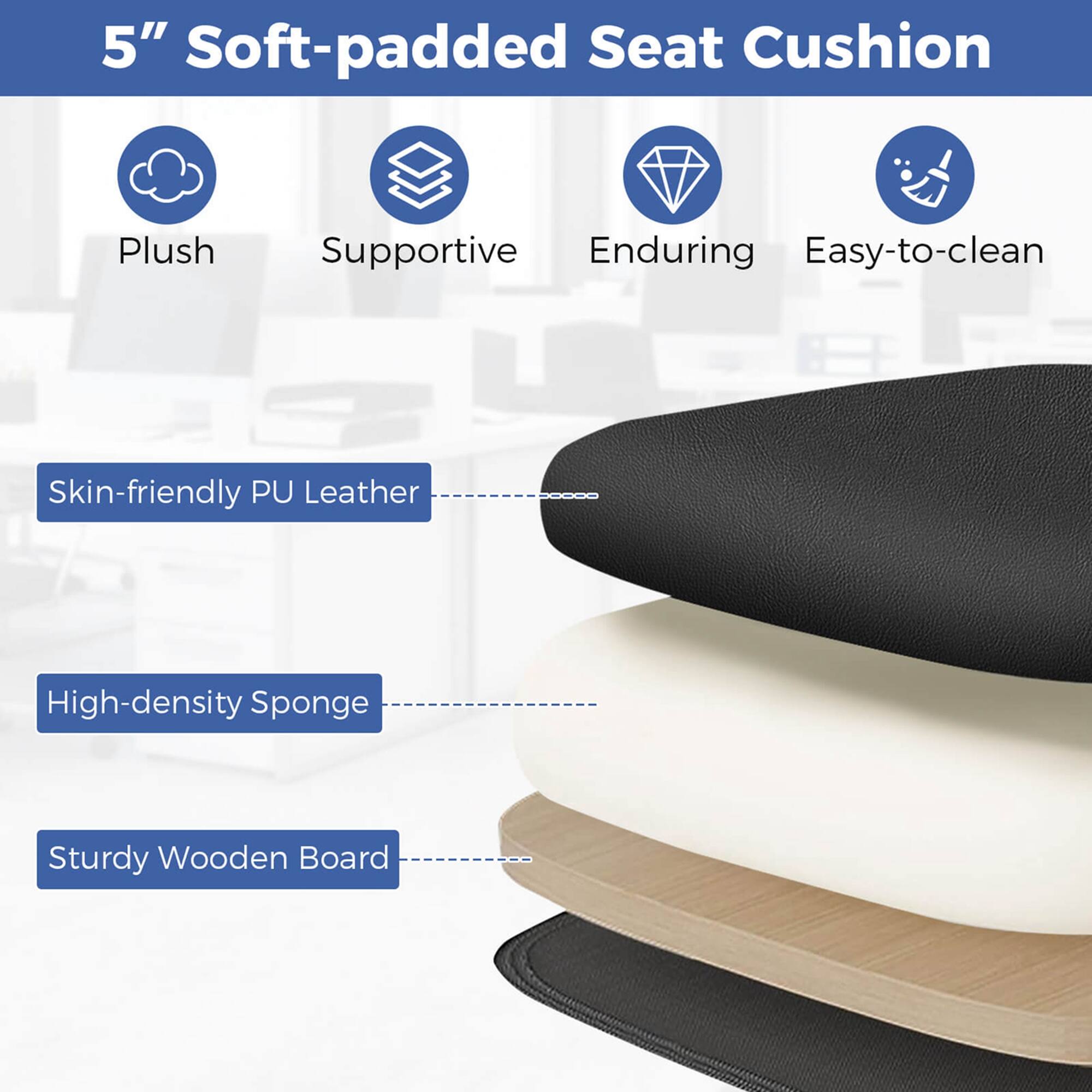 5" Soft-padded Seat Cushion: Plush, Supportive, Enduring, Easy-to-clean, Skin-friendly PU Leather, High-density Sponge, Sturdy Wooden Board.