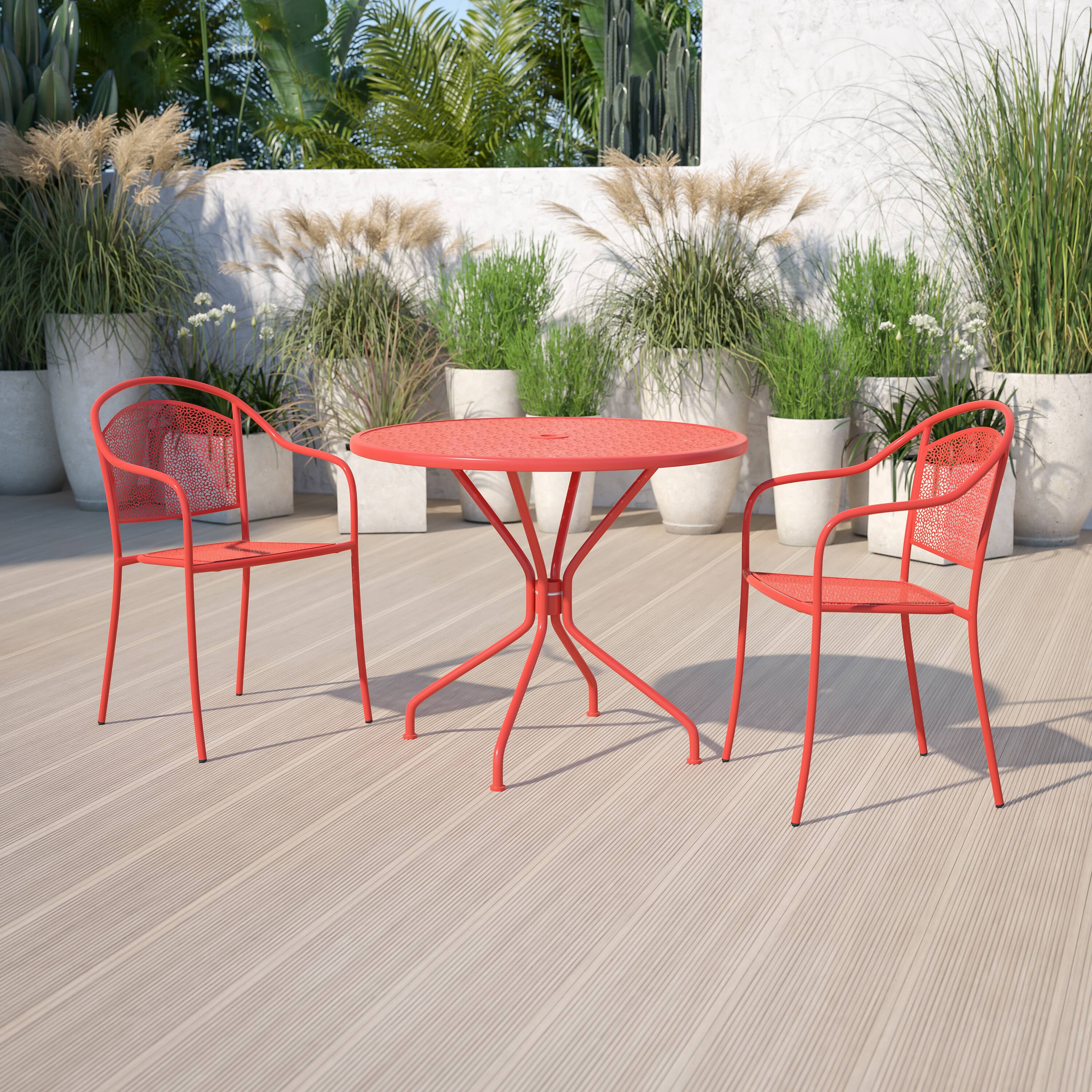 Alt View 1. Emma + Oliver - Commercial Grade 35.25" Round Colorful Metal Garden Patio Table with Umbrella Hole - Coral.