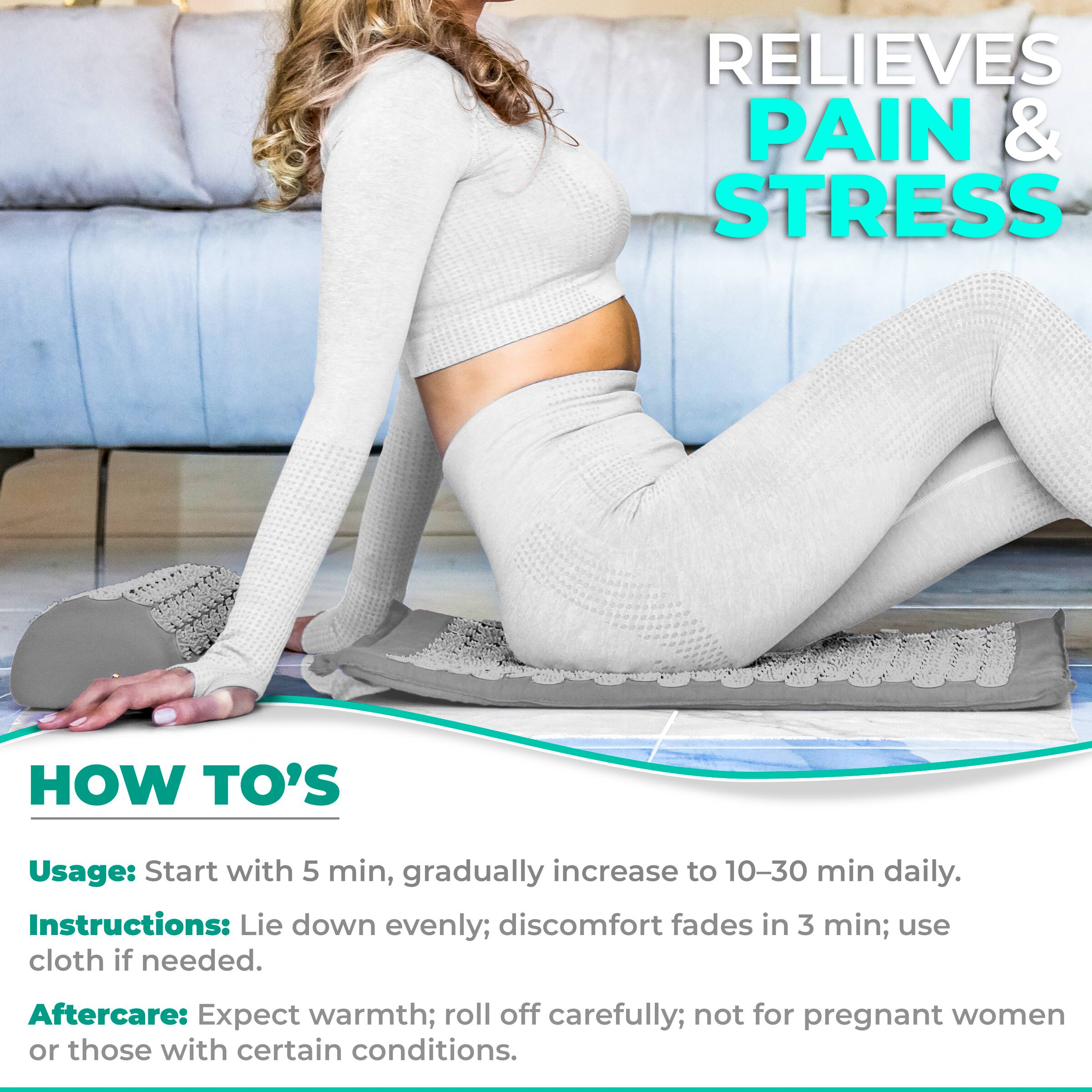 RELIEVES PAIN & STRESS

HOW TO'S

Usage: Start with 5 min, gradually increase to 10-30 min daily.

Instructions: Lie down evenly; discomfort fades in 3 min; use cloth if needed.

Aftercare: Expect warmth; roll off carefully; not for pregnant women or those with certain conditions.