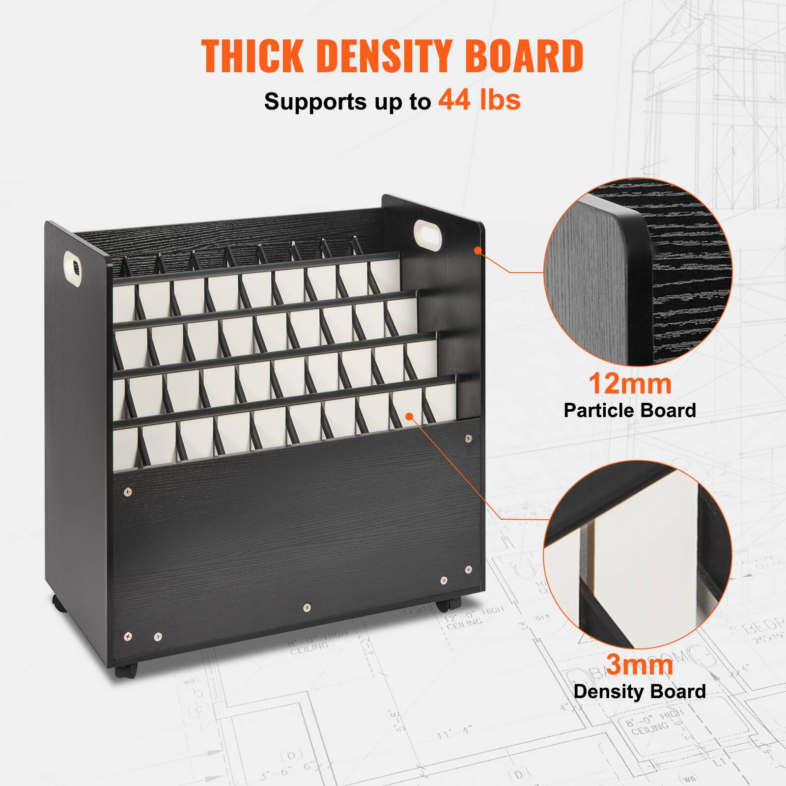 THICK DENSITY BOARD  
Supports up to 44 lbs  
12mm Particle Board  
3mm Density Board