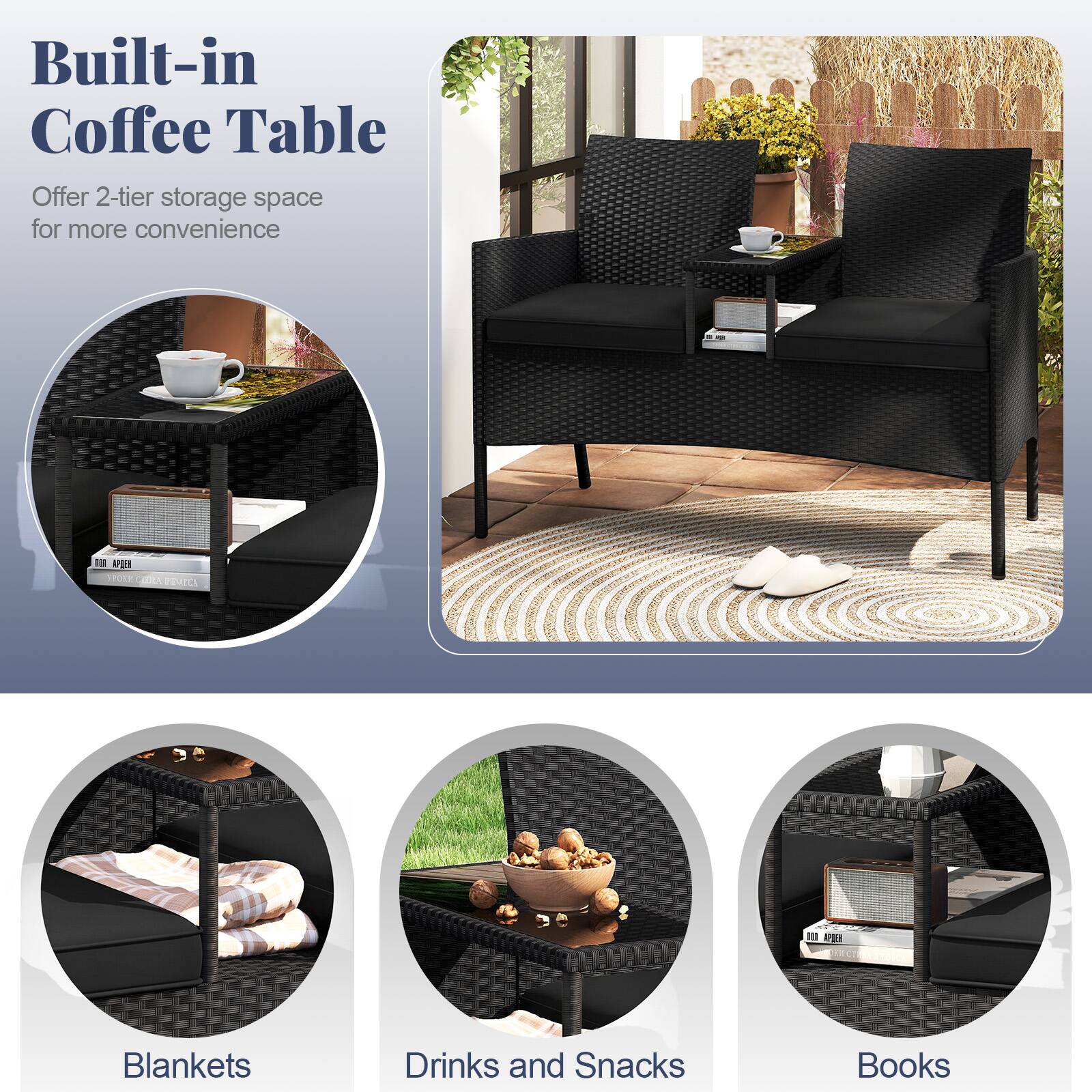 Built-in Coffee Table  
Offer 2-tier storage space for more convenience

Blankets  
Drinks and Snacks  
Books