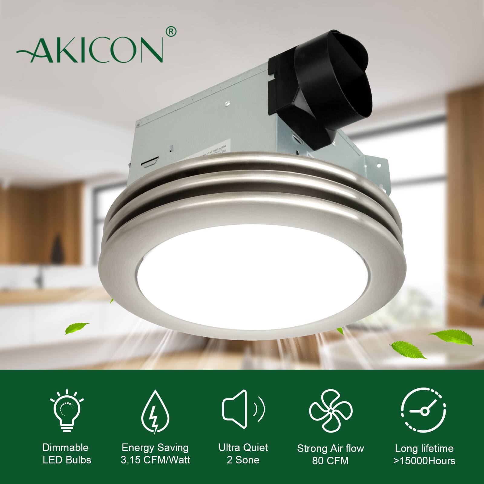 AKICON Dimmable LED Bulbs 4 Energy Saving 3.15 CFM/Watt Ultra Quiet 2 Sone Strong Air flow 80 CFM Long lifetime >15000Hours