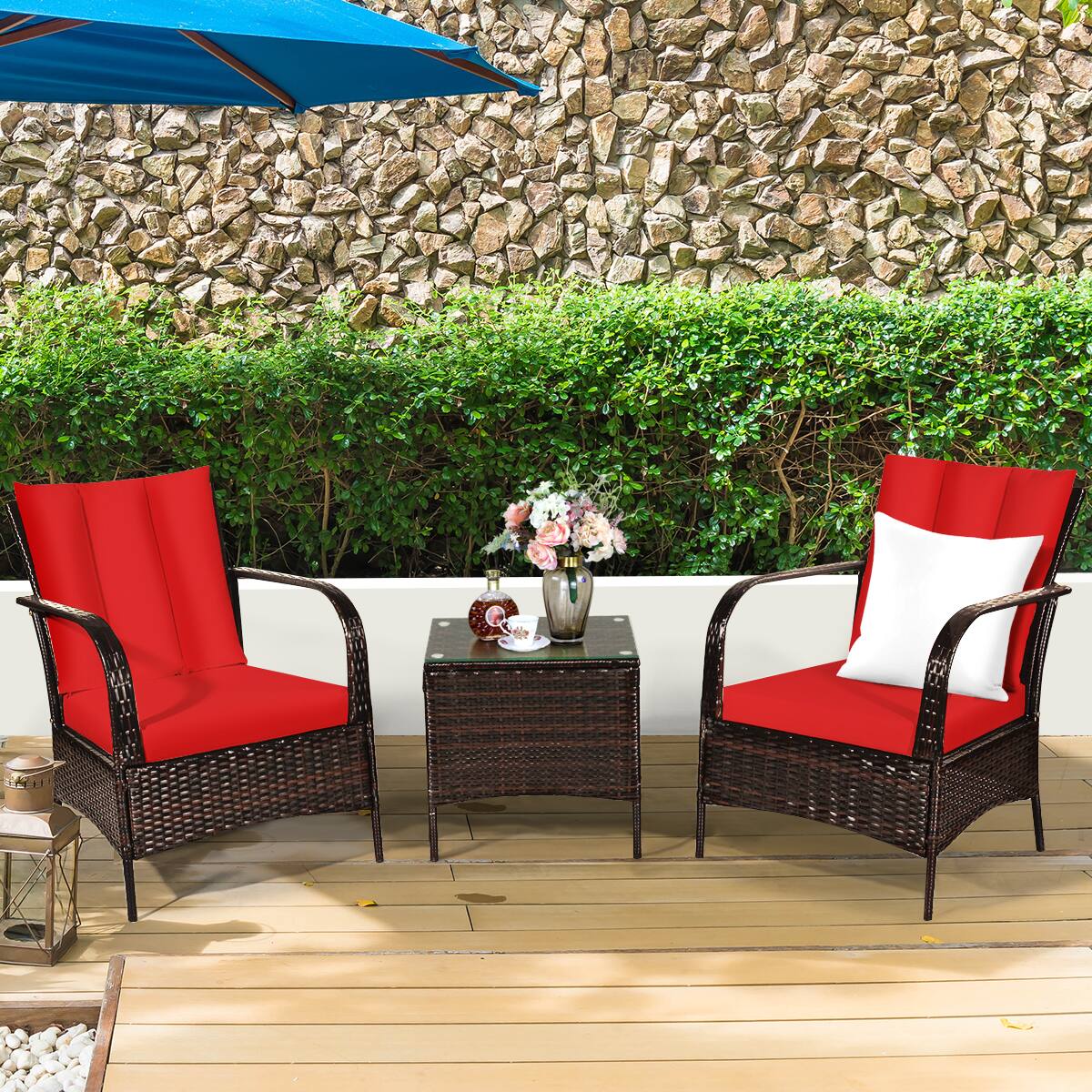 Alt View 10. Costway - 3 PCS Patio Wicker Rattan Furniture Set Coffee Table & 2 Rattan Chair W/Cushions - Red.
