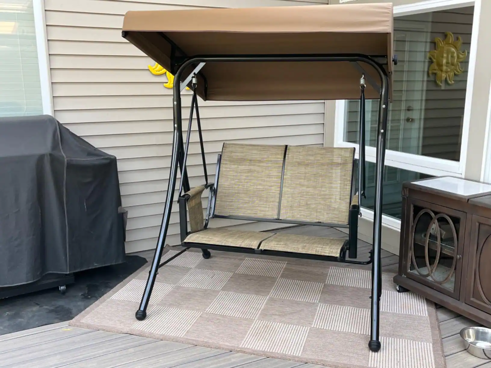 Left. PURPLE LEAF - 2/3-person Deluxe Outdoor Patio Porch Swing with Weather Resistant Steel Frame, Adjustable Tilt Canopy - Beige-2 Person.