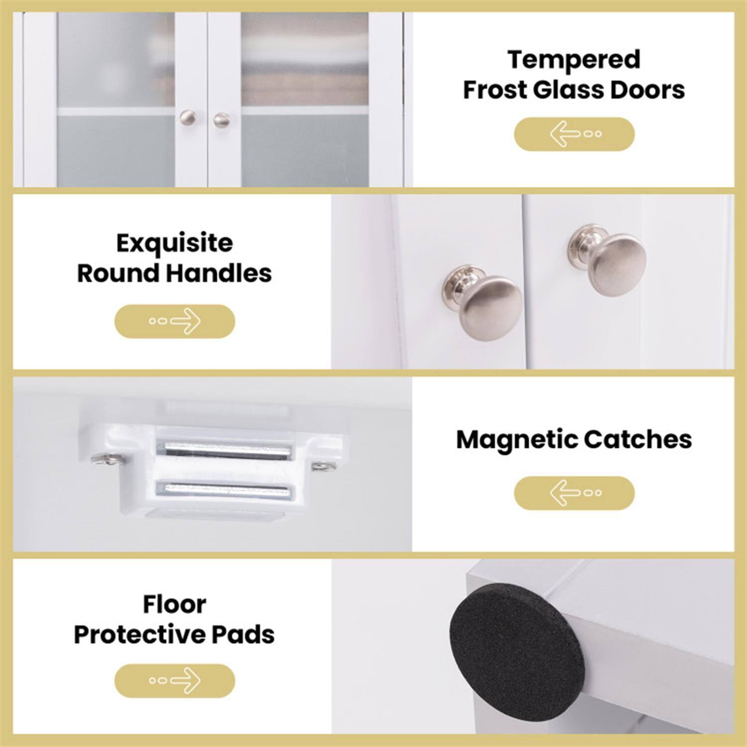 Tempered Frost Glass Doors  
Exquisite Round Handles  
Magnetic Catches  
Floor Protective Pads