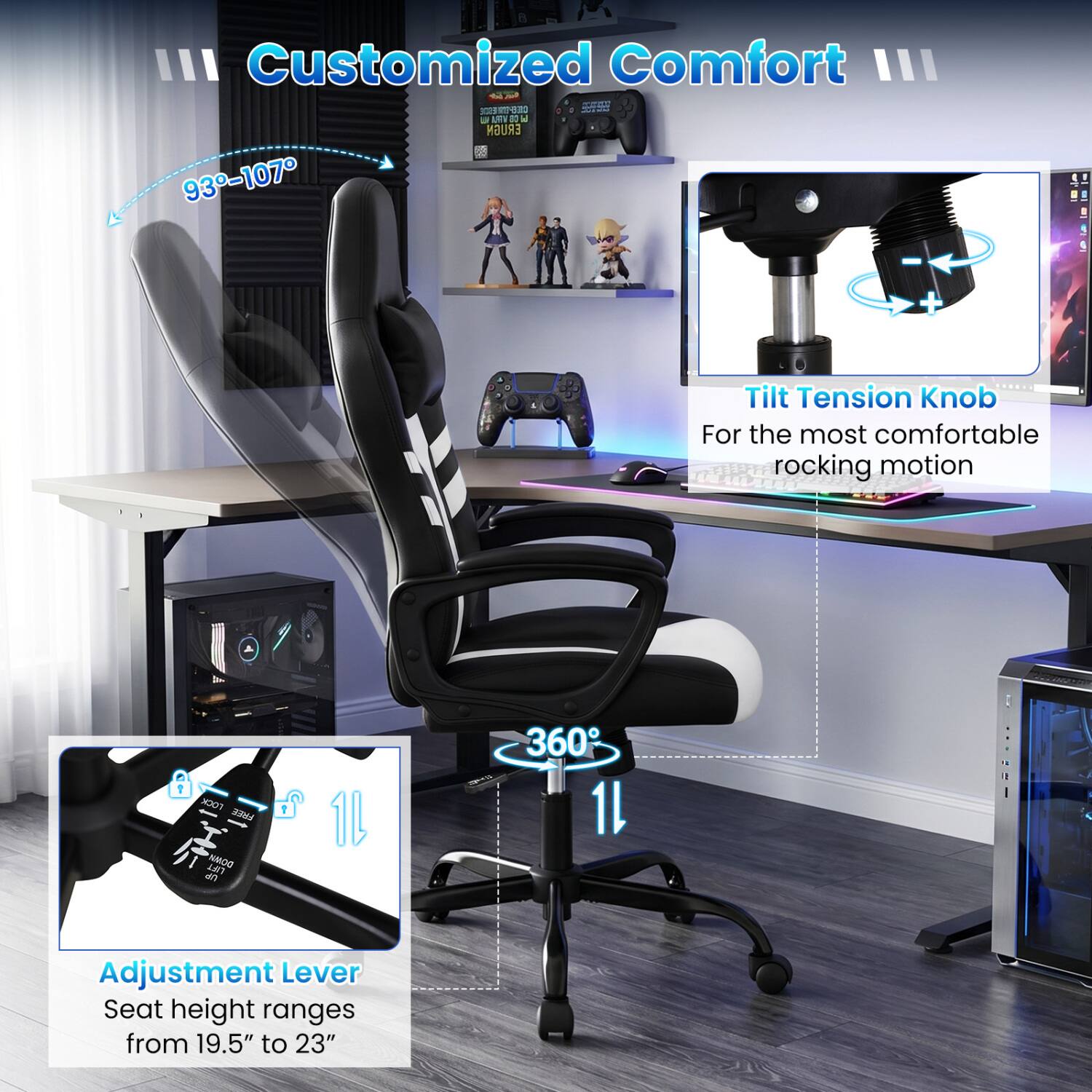 III Customized Comfort III  
W MOTAN CHEEPOTIVERDE AURIV CS W ERUGN 93-107  

Tilt Tension Knob  
For the most comfortable rocking motion  

Adjustment Lever  
Seat height ranges from 19.5" to 23"