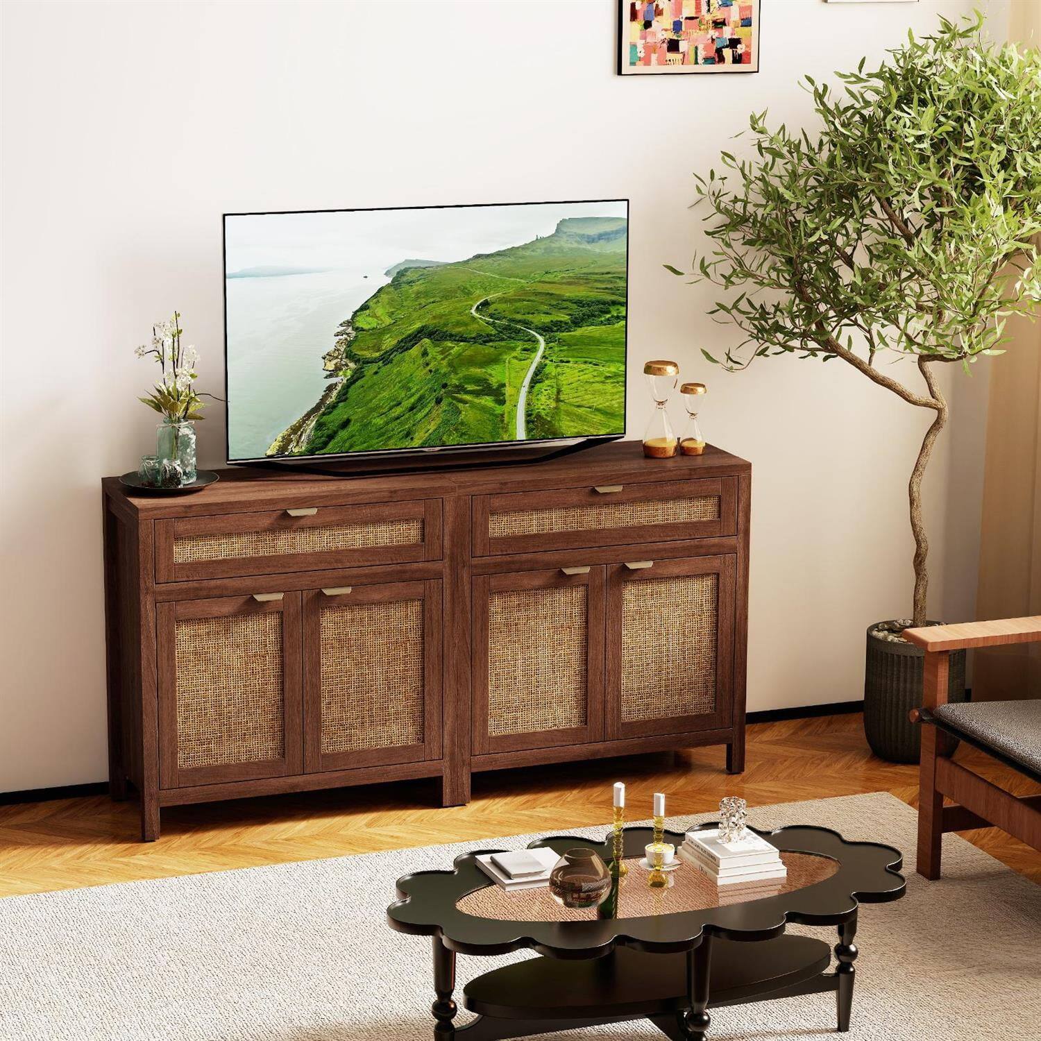 Back. Pefilos - Rattan Sideboard Cabinet,2-Door 1 Drawer,Adjustable Shelf Anti-Tip,Brown - Brown.