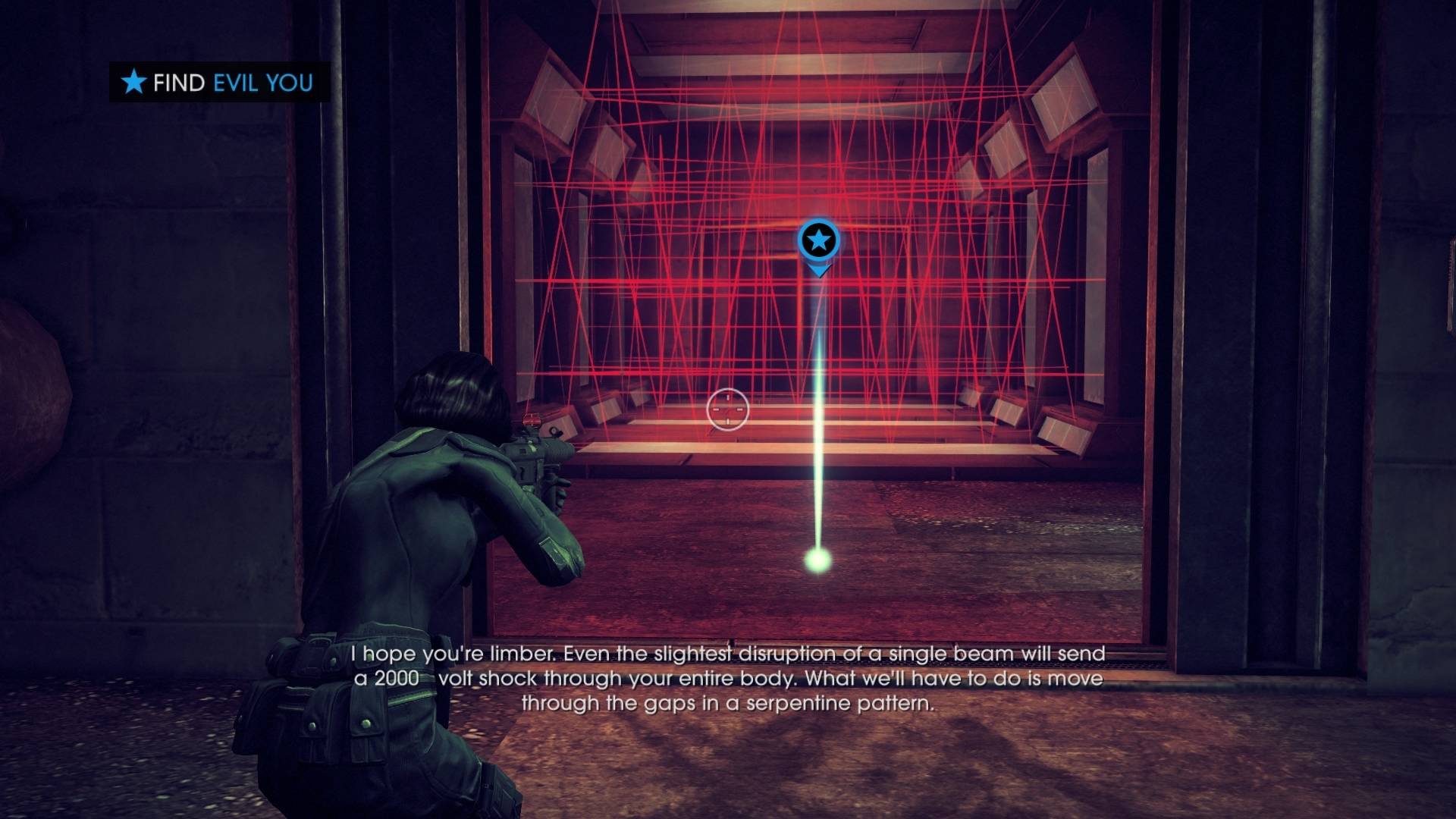 FIND EVIL YOU

I hope you're limber. Even the slightest disruption of a single beam will send a 2000-volt shock through your entire body. What we'll have to do is move through the gaps in a serpentine pattern.