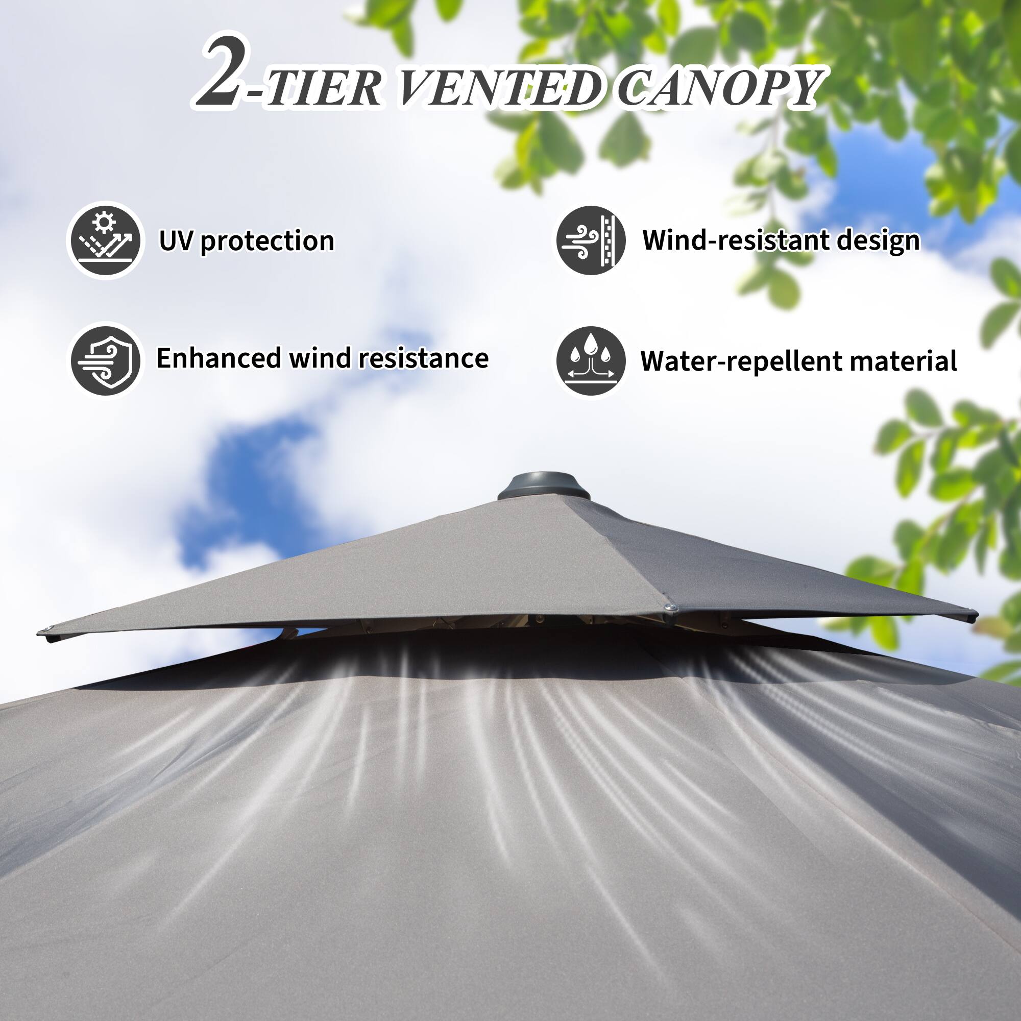 2-TIER VENTED CANOPY

- UV protection
- Enhanced wind resistance
- Wind-resistant design
- Water-repellent material