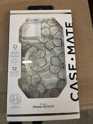 The text on the image reads:
"Built-in Magnets Work with MagSafe
12 Foot Drop Protection
Made with Recycled Materials
for iPhone 15/14/13 MATE Case"