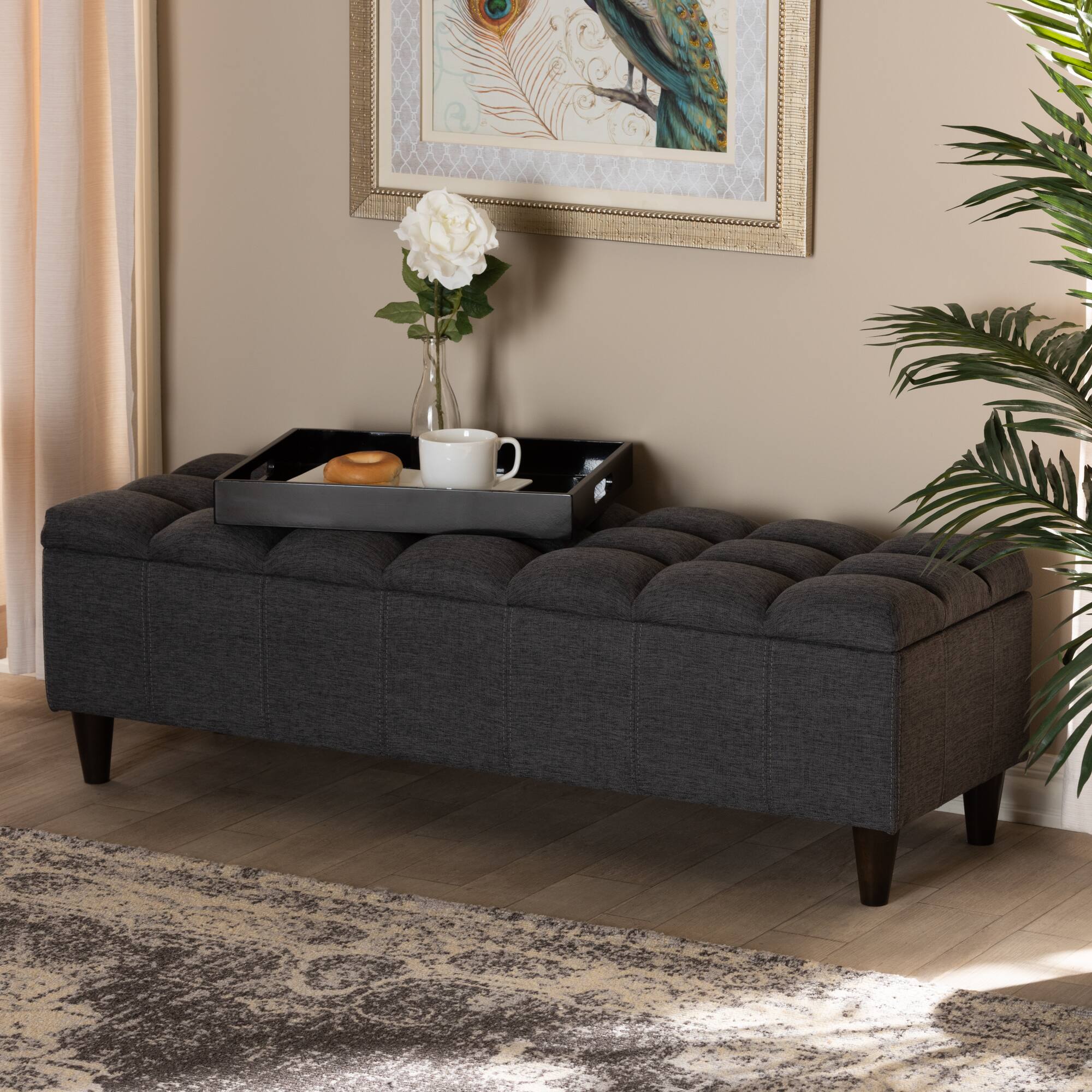 Alt View 4. Baxton Studio - Brette Mid-Century Modern Fabric Upholstered Finished Wood Storage Bench Ottoman - Charcoal.