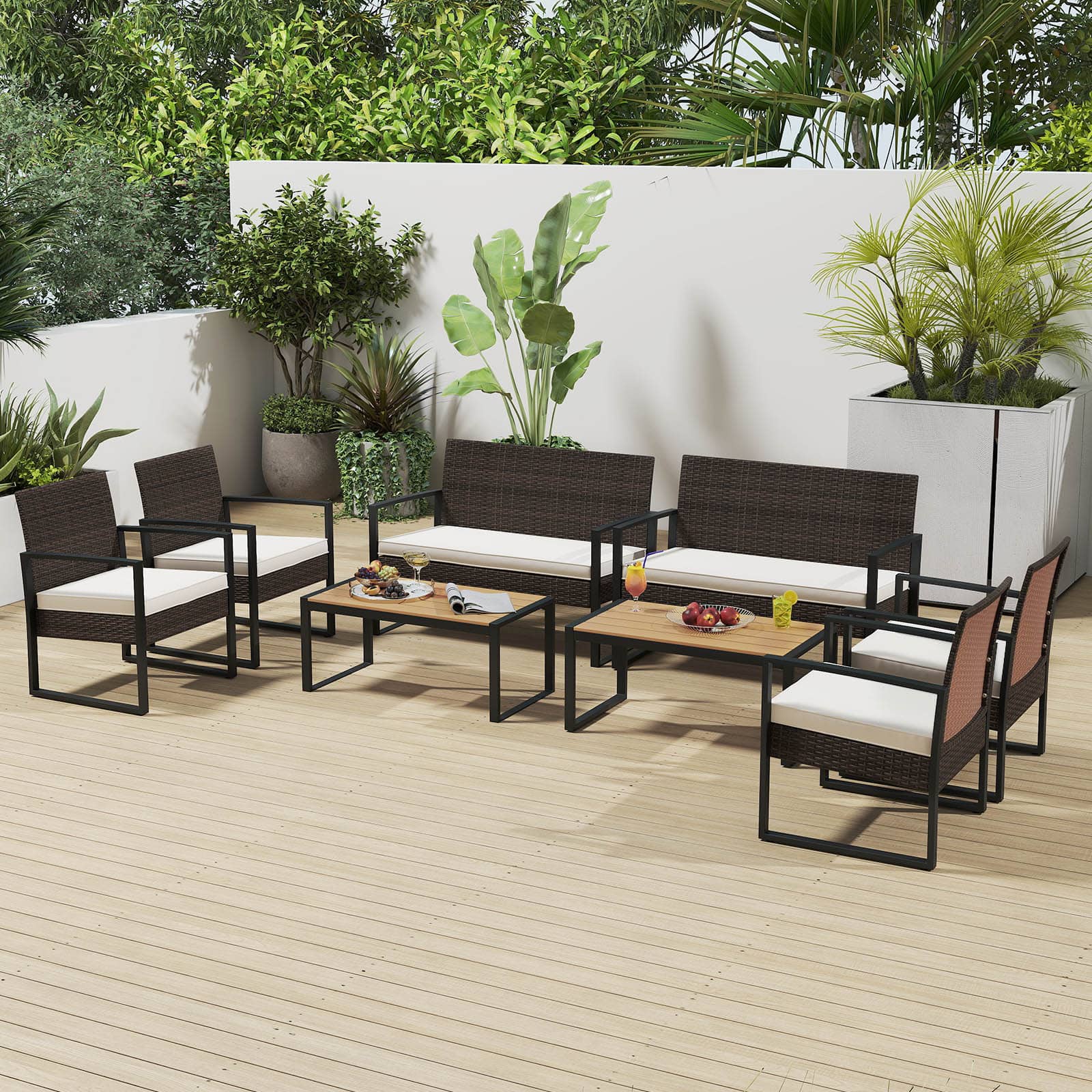 Gymax - 8 Pieces Patio Furniture Set PE Rattan Porch Chairs w/ Loveseat & Coffee Table - Off White, Mix Brown price history on PriceWatchPro