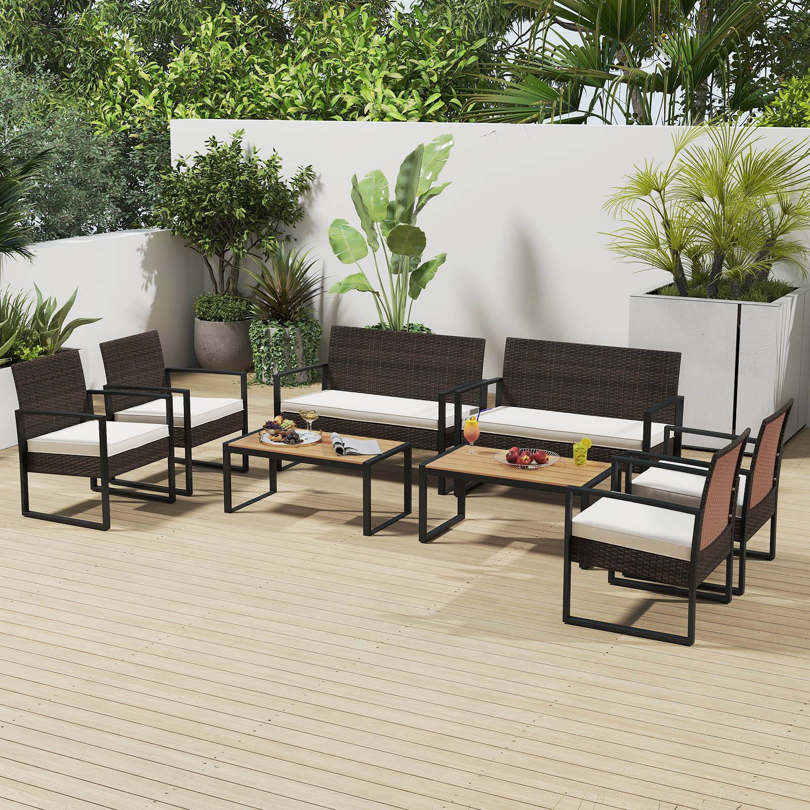 Front. Gymax - Gymax 8 Pieces Patio Furniture Set PE Rattan Porch Chairs w/ Loveseat & Coffee Table - Off White, Mix Brown.