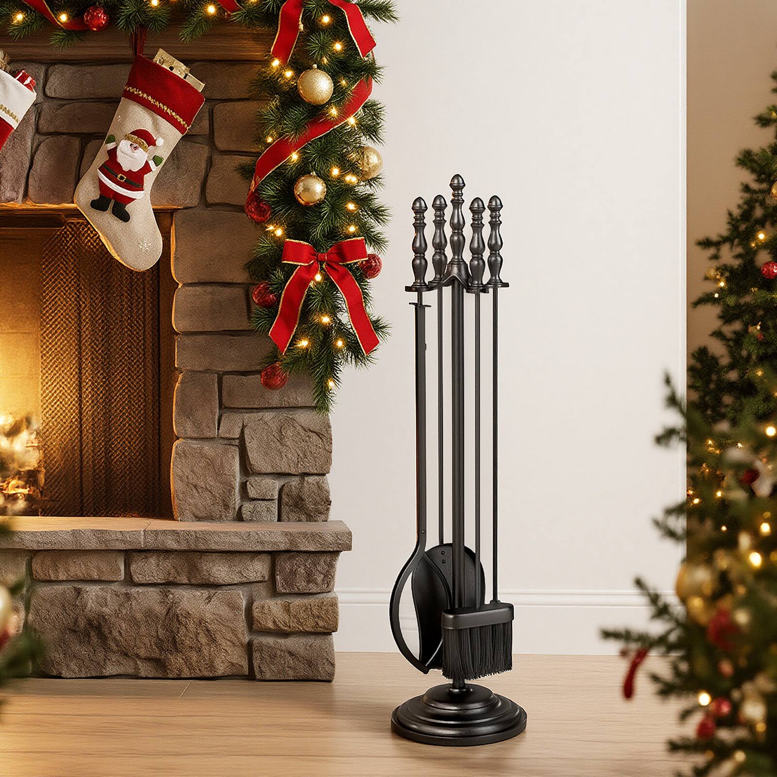 Alt View 4. Gymax - Gymax 5PCS Fireplace Tool Set w/ Poker Tongs Brush Shovel and Round Stand Black - Black.