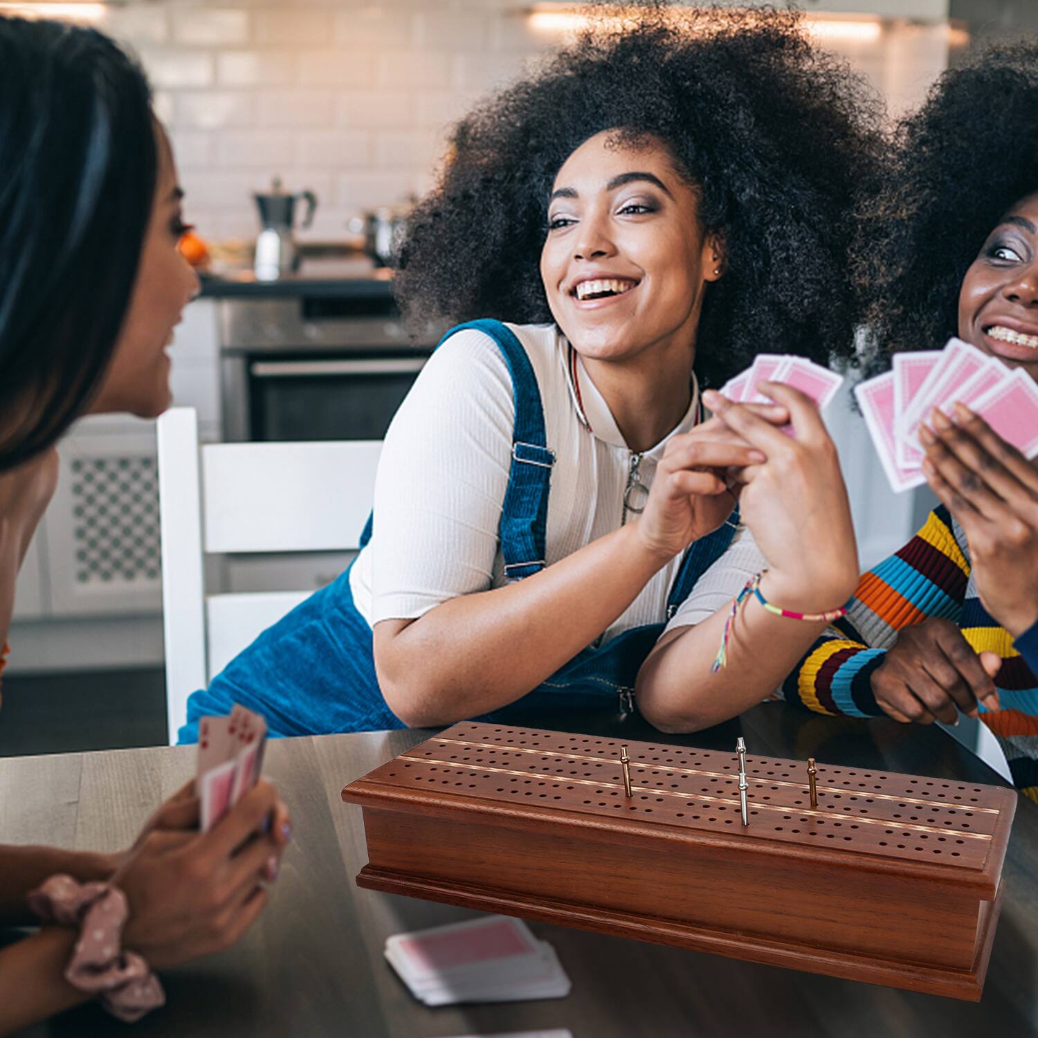 Alt View 3. GSE Games & Sports Expert - 2-Track Wooden Cribbage Board Game Box with Playing Cards, Metal Pegs and Storage Drawer.
