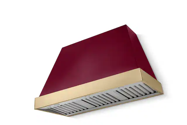 Front. AGA - AGA Euclid 48 x 30 Hood 1200 CFM_Cranberry_ w. Brushed Brass Trim - Cranberry.