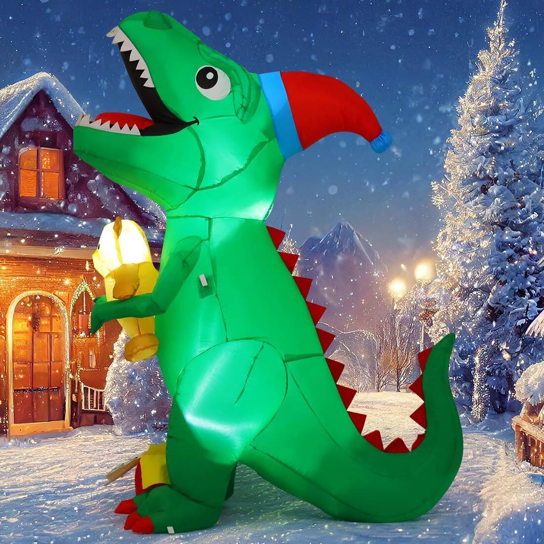 Left. GOOSH Inflatables - GOOSH 7 FT Christmas Inflatables Dinosaur T Rex with Xmas Hat Holding a Bear with Built-in LEDs - Green.