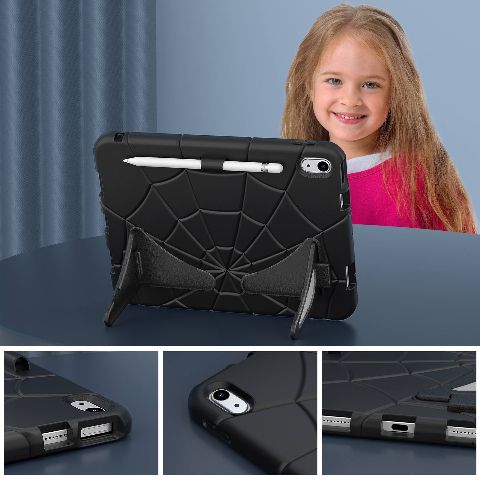 Alt View 1. Dteck - Rugged Case for Apple iPad (A16) 11" 2025, Shockproof Dual-Layer Cover with Built-In Kickstand and Pencil Holder - Black.