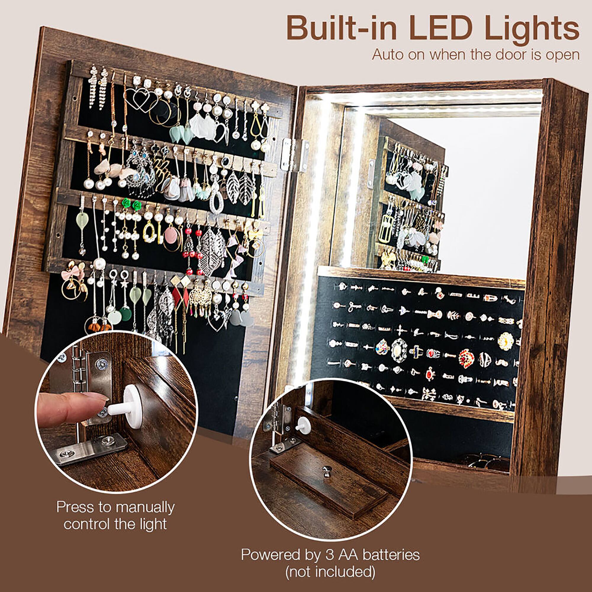 Built-in LED Lights  
Auto on when the door is open  

Press to manually control the light  

Powered by 3 AA batteries (not included)