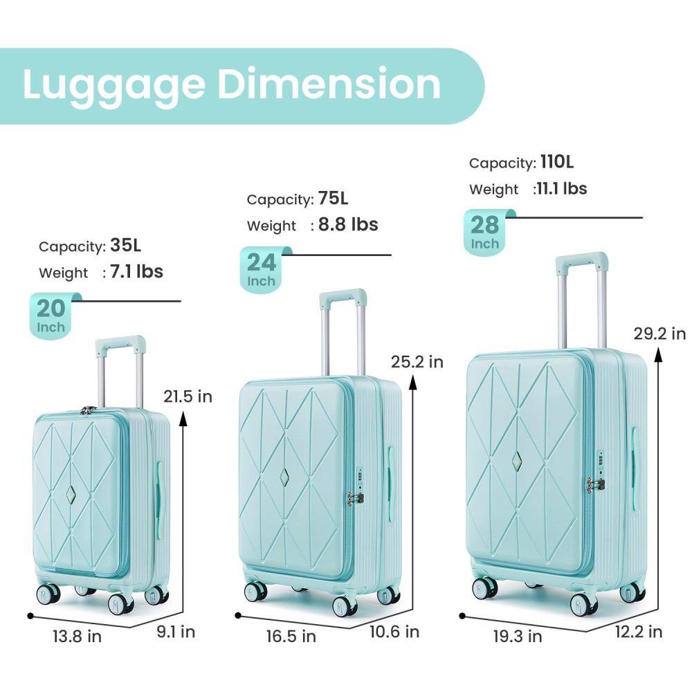 Luggage Dimension

20 Inch
- Capacity: 35L
- Weight: 7.1 lbs
- Dimensions: 13.8 in x 9.1 in x 21.5 in

24 Inch
- Capacity: 75L
- Weight: 8.8 lbs
- Dimensions: 16.5 in x 10.6 in x 25.2 in

28 Inch
- Capacity: 110L
- Weight: 11.1 lbs
- Dimensions: 19.3 in x 12.2 in x 29.2 in