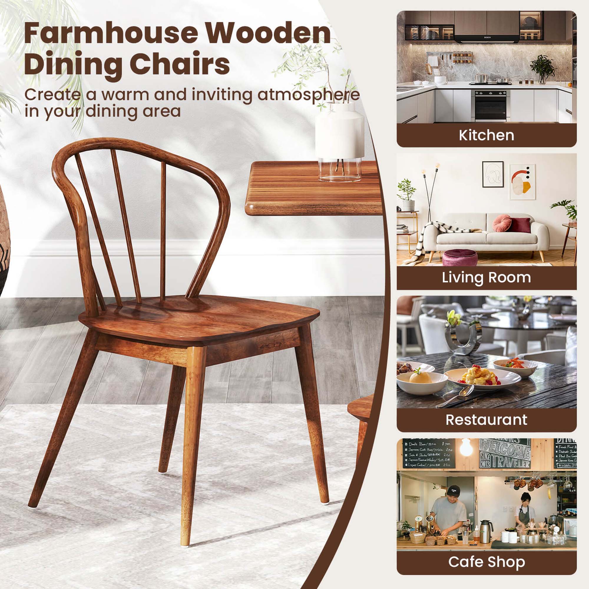 Farmhouse Wooden Dining Chairs  
Create a warm and inviting atmosphere in your dining area  

Kitchen  
Living Room  
Restaurant  
Cafe Shop