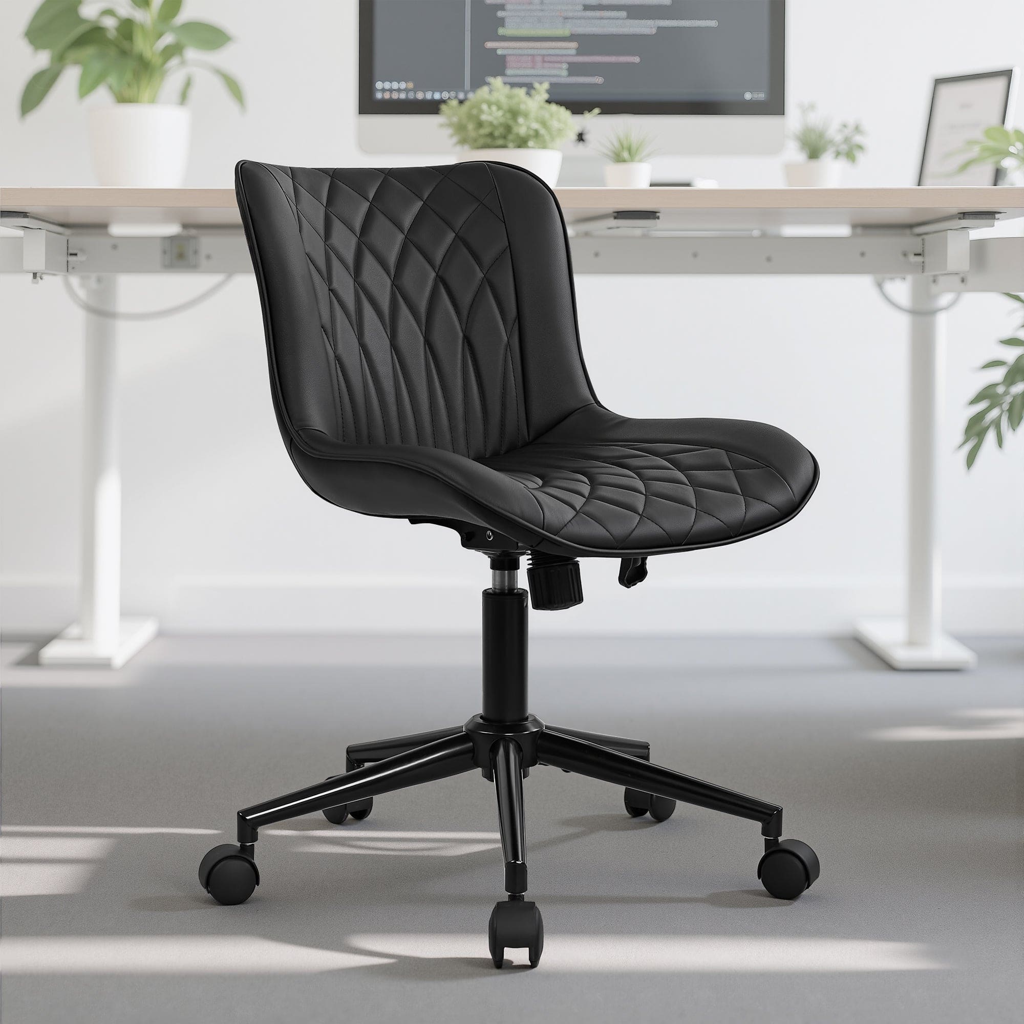 Vecelo - 2PCS Black PU Leather Office Chairs with Wheels, Adjustable Height, Swivel Task Chair Set - 2*Black