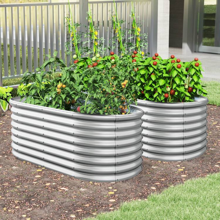 Alt View 1. SlickBlue - Outdoor Oval Metal Raised Planter Bed, 5x3x2 ft with Open Base - Silver.