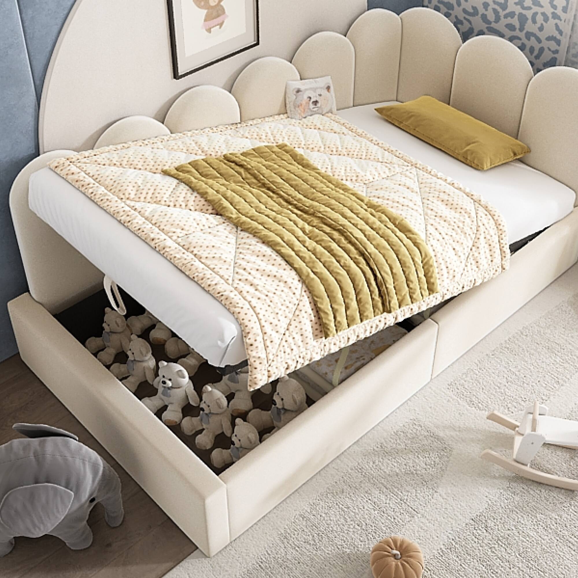 Alt View 2. GOODSILO - Upholstered Daybed with Hydraulic Storage, Twin Size Sofa Bed Frame with Metal Slats and Velvet Covering - Beige.