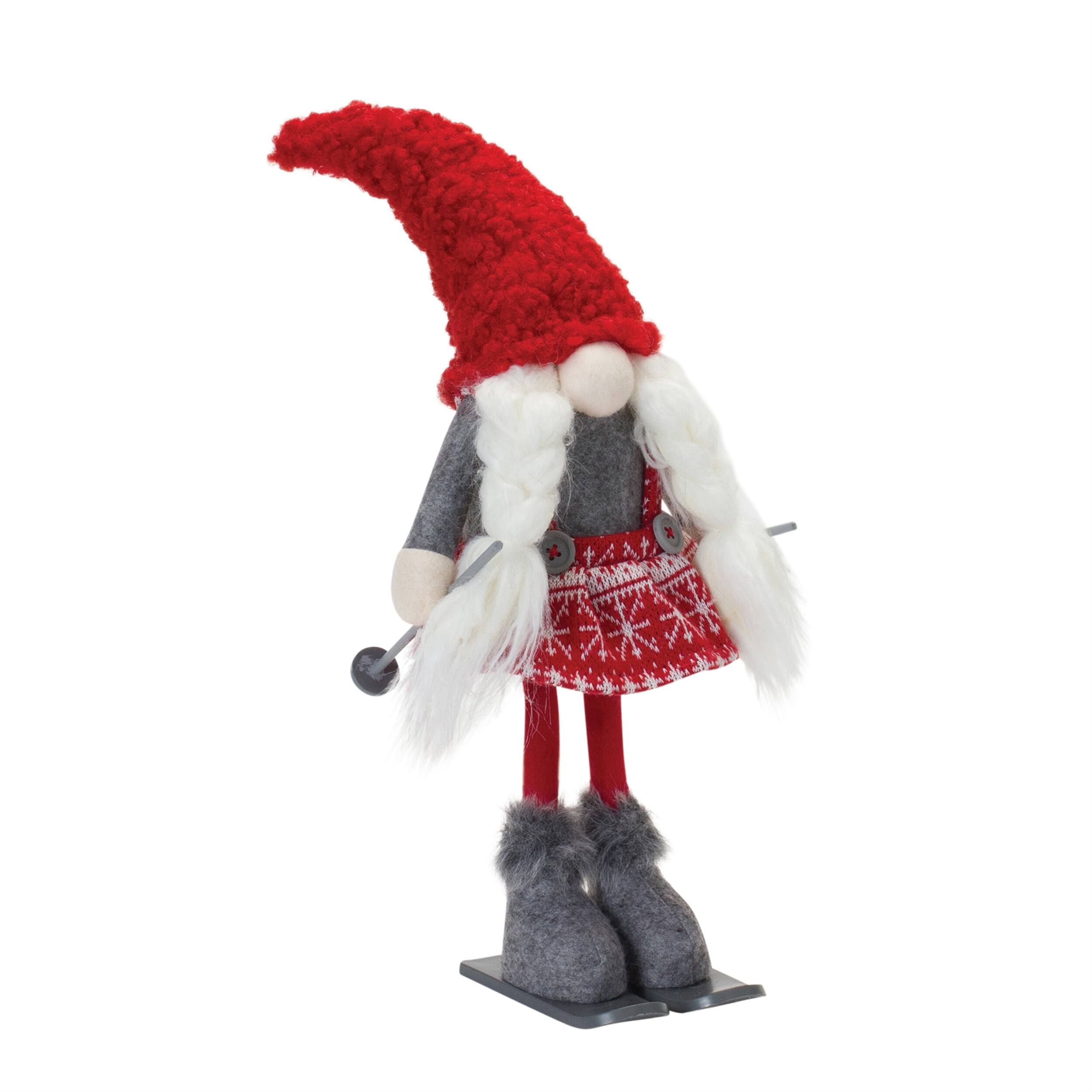 Angle. BreeBe - Plush Winter Gnome on Skis (Set of 2) - Red , Grey.