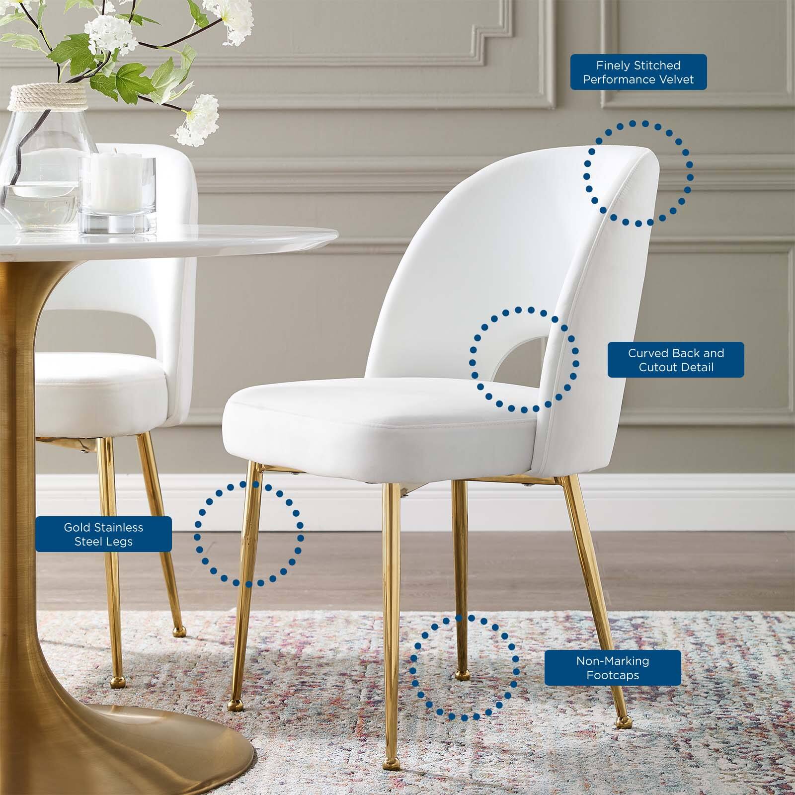 - Finely Stitched Performance Velvet
- Curved Back and Cutout Detail
- Gold Stainless Steel Legs
- Non-Marking Footcaps