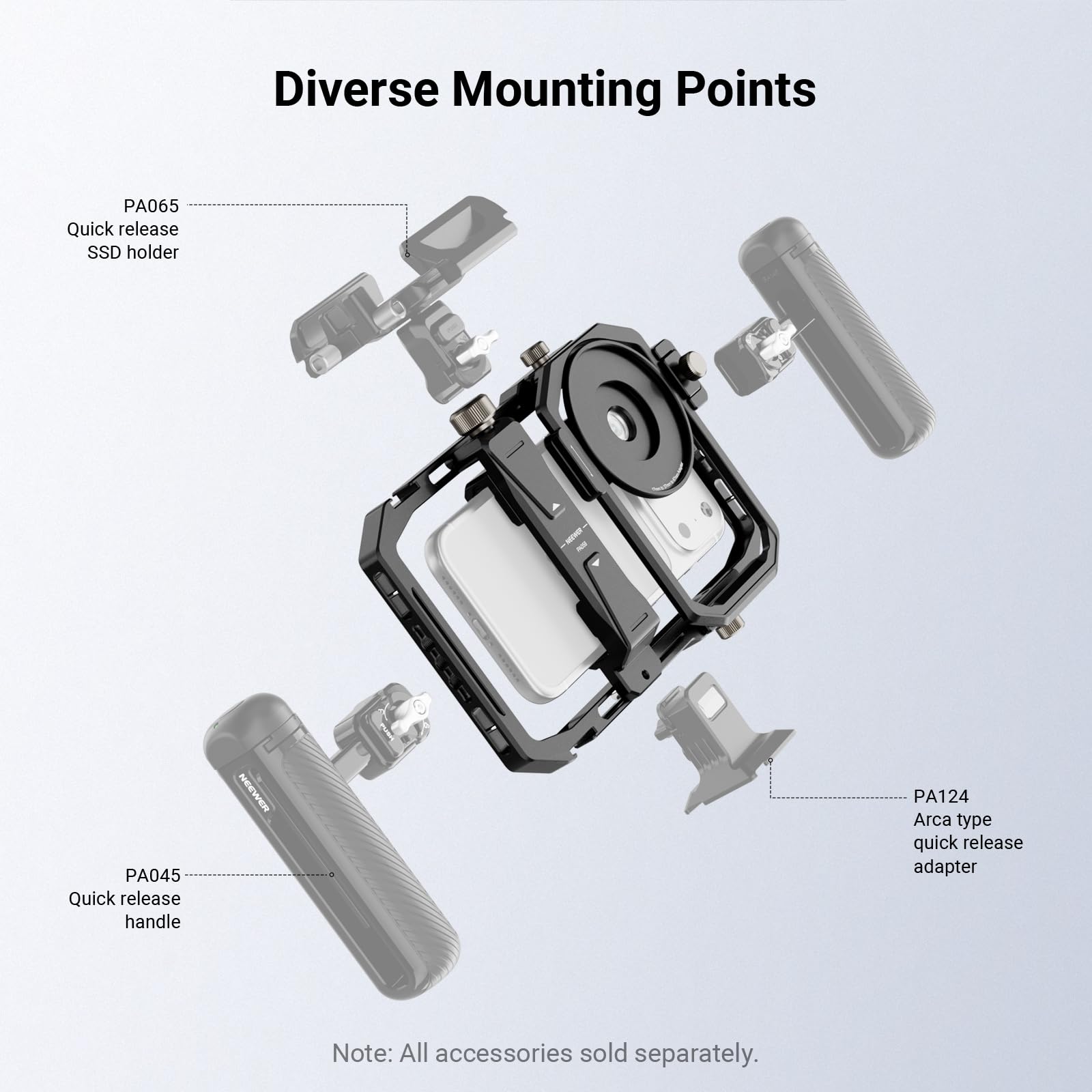 Diverse Mounting Points

- PA065: Quick release SSD holder
- PA045: Quick release handle
- PA124: Arca type quick release adapter

Note: All accessories sold separately.
