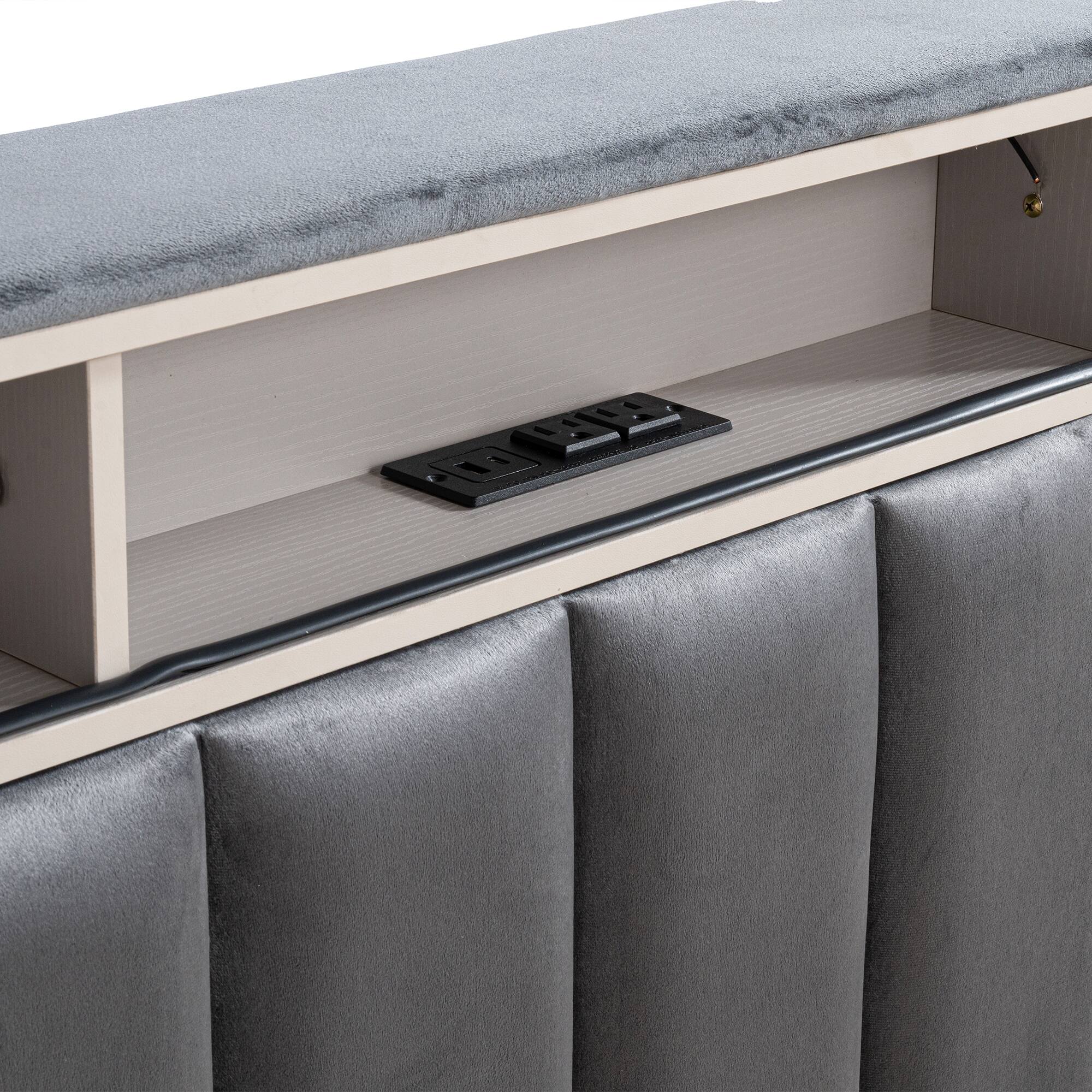 Angle. Vaczon - Full Platform Bed with USB & Power Outlets, Fabric Headboard Solid Wood Frame, Modern Bedroom Furniture - Dark Gray.