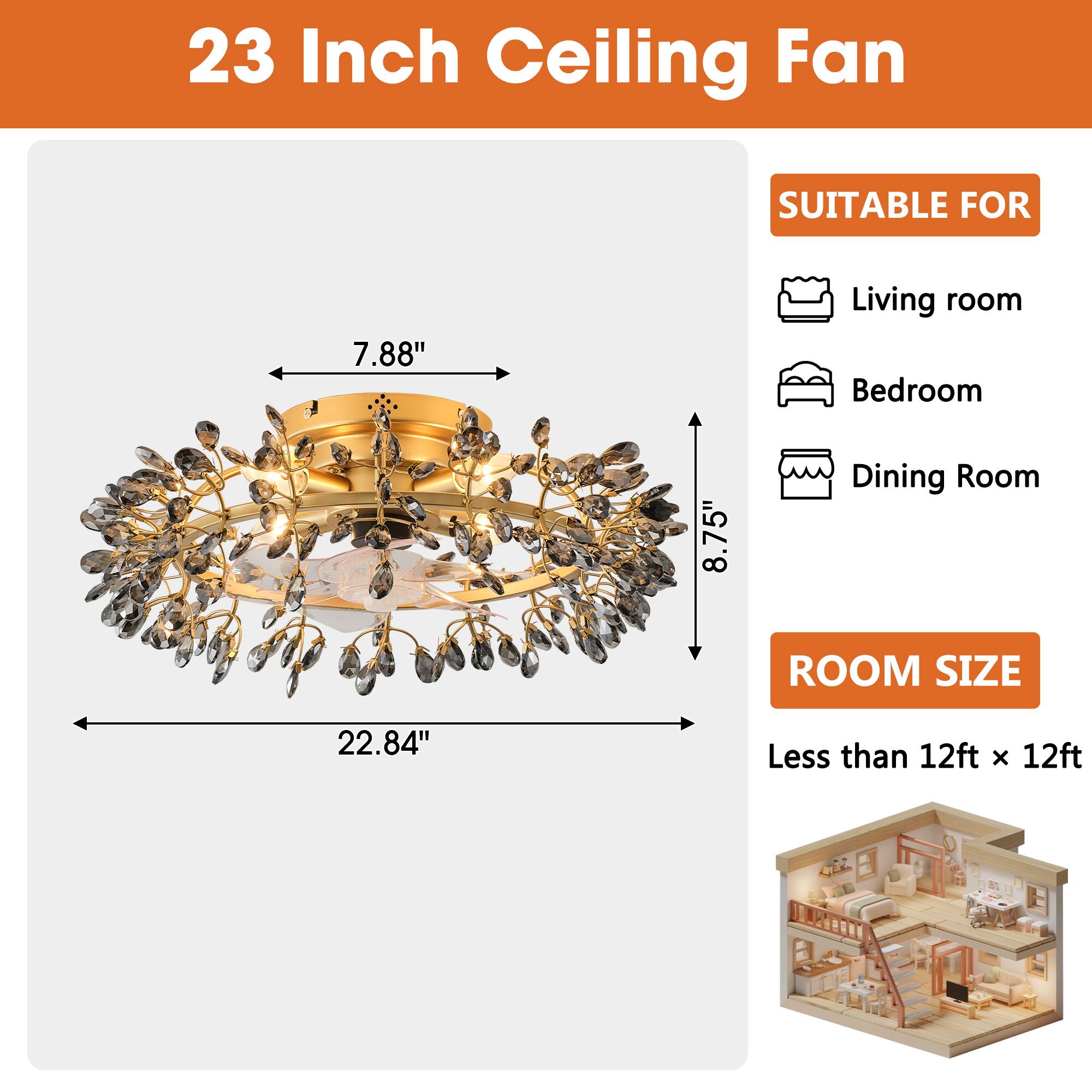 23 Inch Ceiling Fan

SUITABLE FOR
- Living room
- Bedroom
- Dining Room

ROOM SIZE
Less than 12ft x 12ft