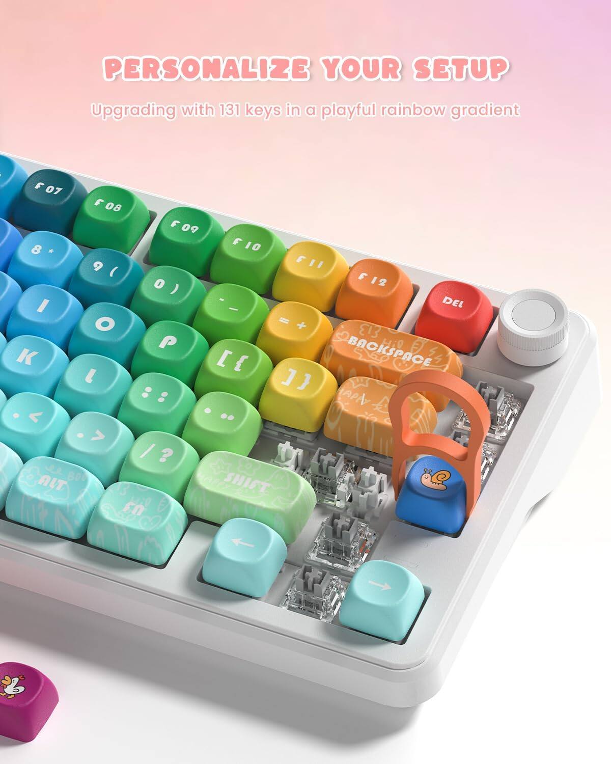 PERSONALIZE YOUR SETUP  
Upgrading with 131 keys in a playful rainbow gradient