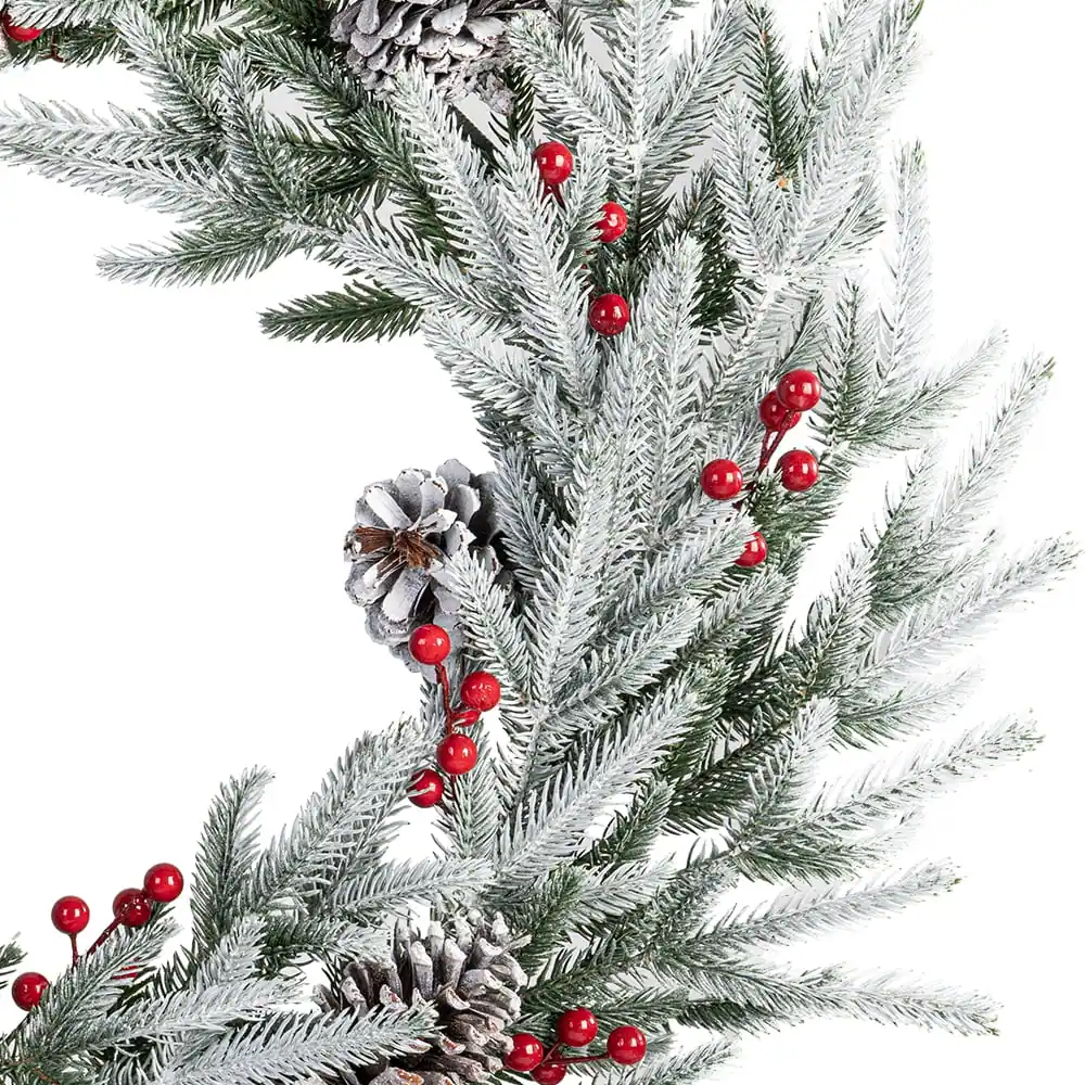 Left. MOVSSOU - 28" Artificial Christmas Wreath - Frosted Spruce with Pine Cones & Berries, Holiday Decor for Door & Wall - Green.