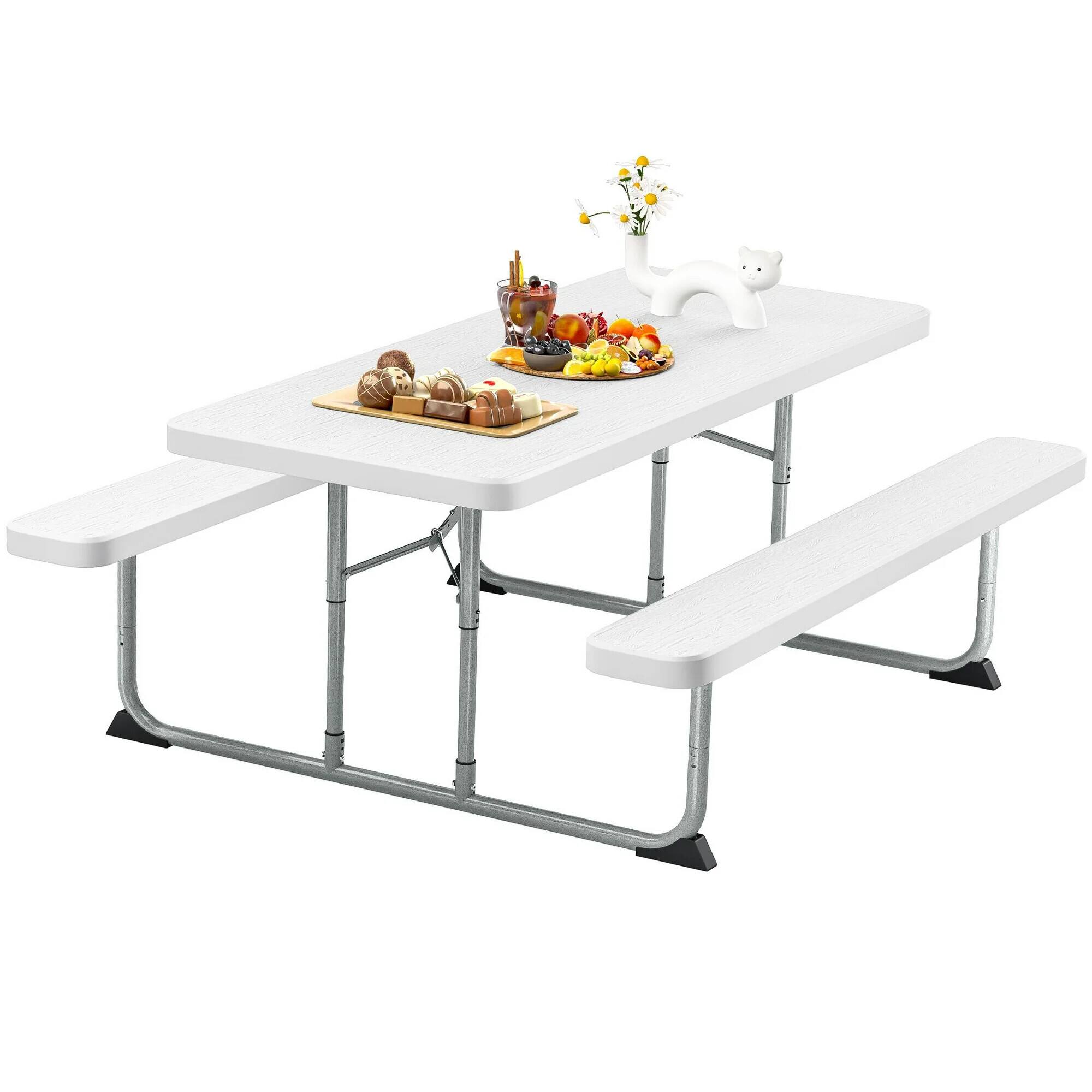Front. HONGGE - Large Outdoor Picnic Table with Benches and Wood Grain Design - White.