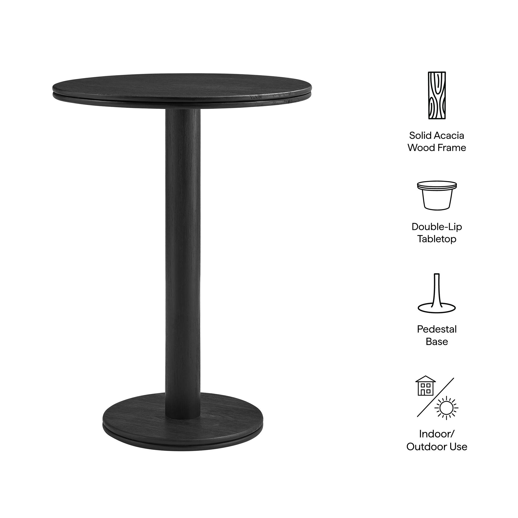 Solid Acacia Wood Frame  
Double-Lip Tabletop  
Pedestal Base  
Indoor/Outdoor Use