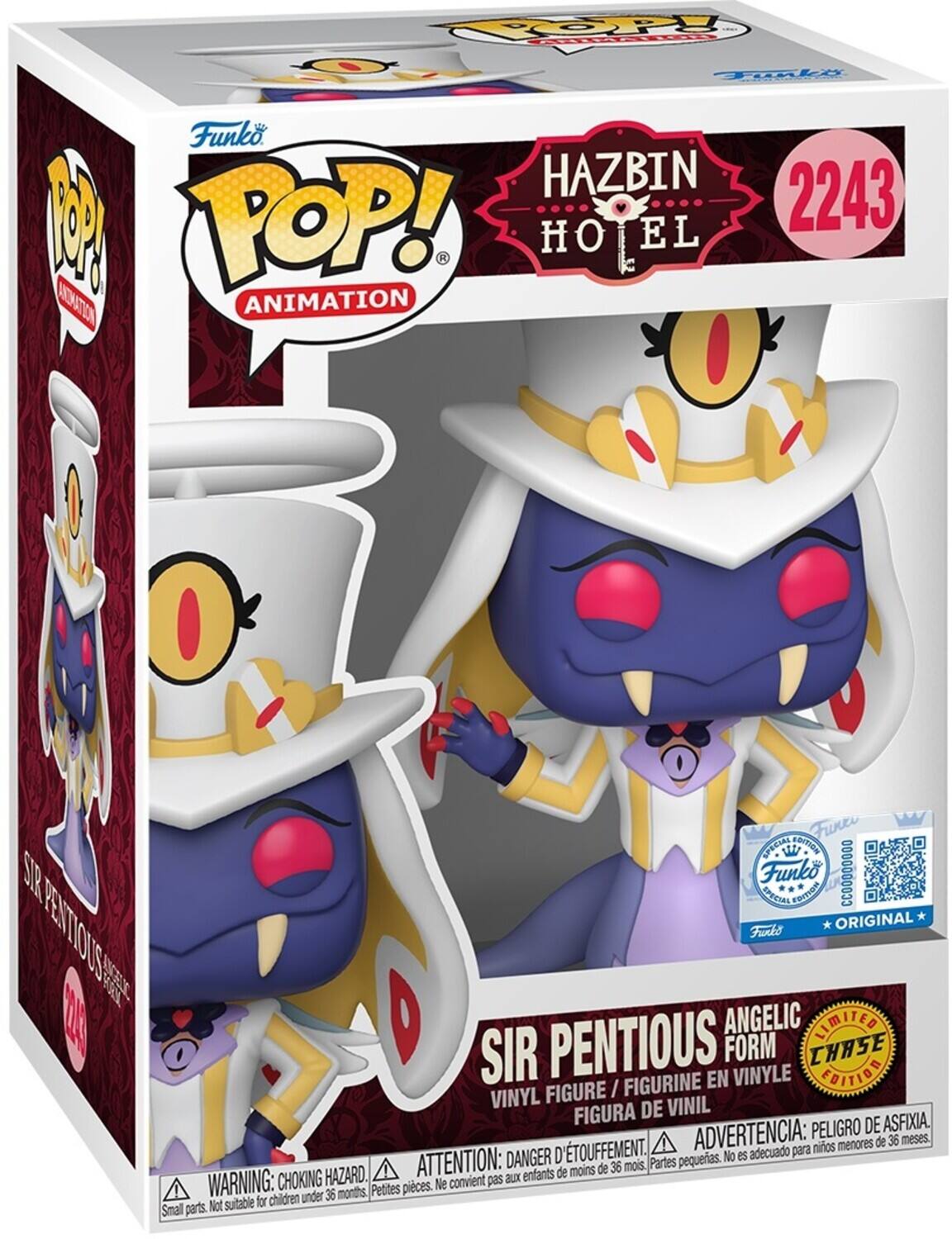Funko POP! Animation  
HAZBIN HOTEL  
2243  

SIR PENTIOUS  
ANGELIC FORM  
VINYL FIGURE / FIGURINE EN VINYLE / FIGURA DE VINIL  

WARNING: CHOKING HAZARD.  
ATTENTION: DANGER D'ÉTOUFFEMENT.  
ADVERTENCIA: PELIGRO DE ASFIXIA.  
Not suitable for children under 36 months.  
Ne convient pas aux enfants de moins de 36 mois.  
No es adecuado para niños menores de 36 meses.  

Funko  
ORIGINAL  
LIMITED EDITION  
CHASE