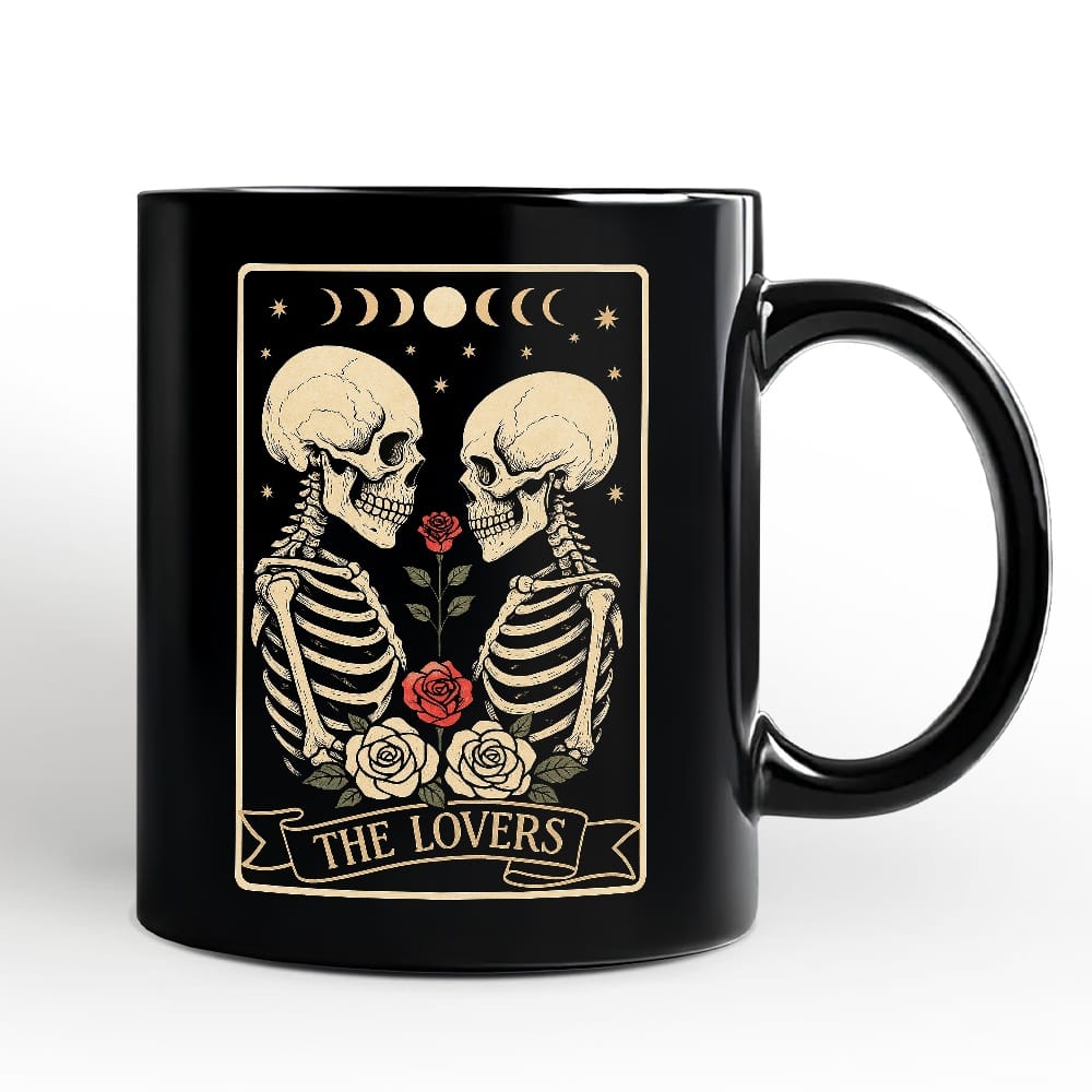 OrnamentallyYou - Skeleton The Lovers Mug, Tarot Card Gothic Moon Phases Rose Gift - Black