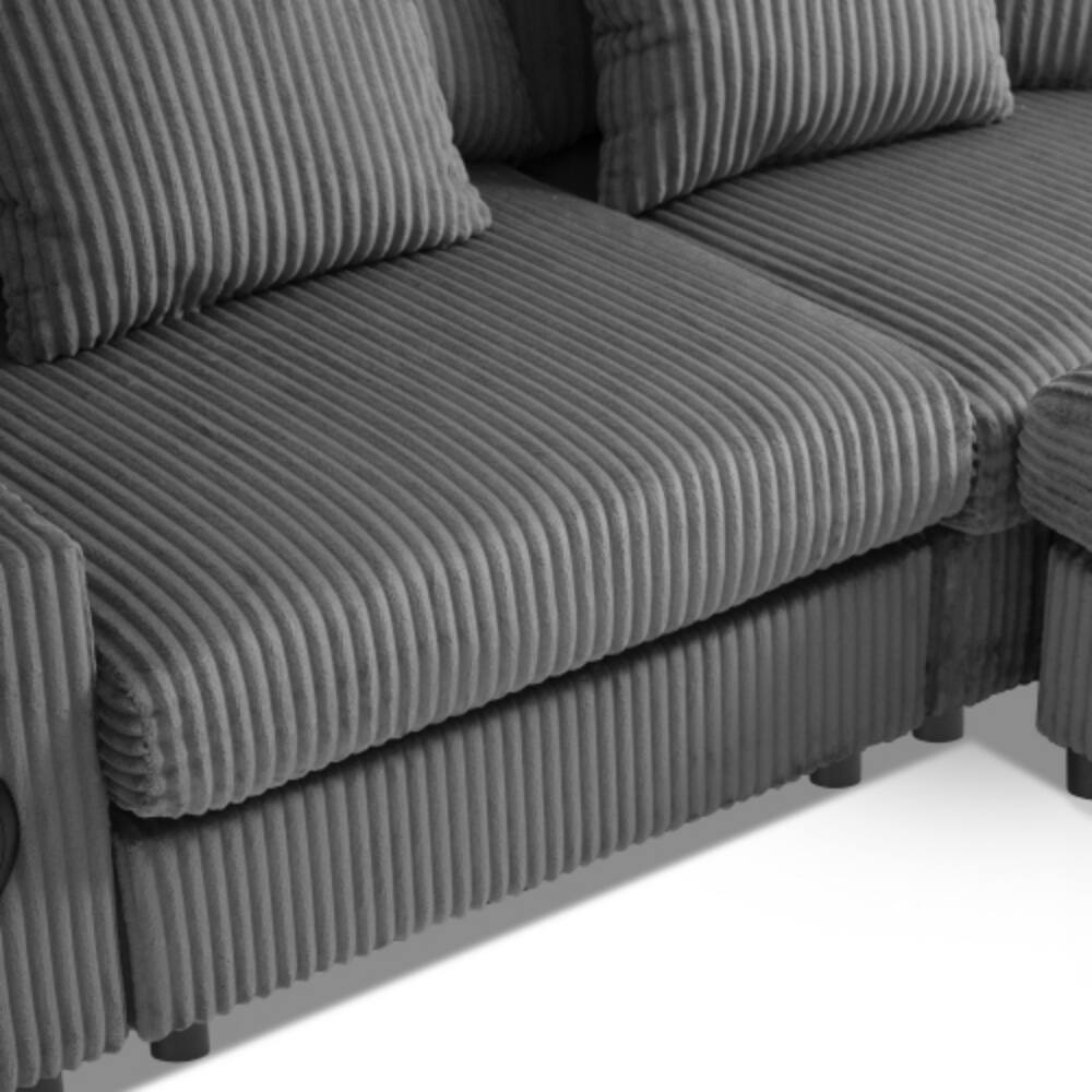 Alt View 6. LUCKY ONE - 141.5" U-Shaped Corduroy Sectional Sofa w/ Bluetooth Speakers Console USB Storage Ottoman - Dark Gray.