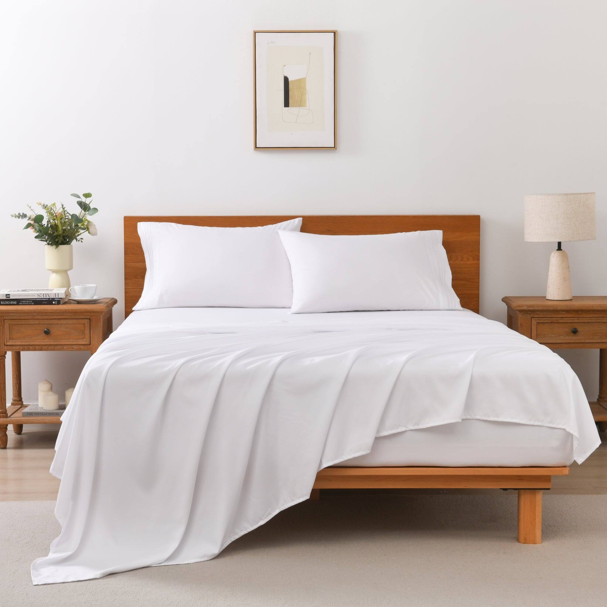 Front. MarCielo - Marcielo 3/4 Pcs Soft Solid & Embroidery Bed Sheets Set - White.