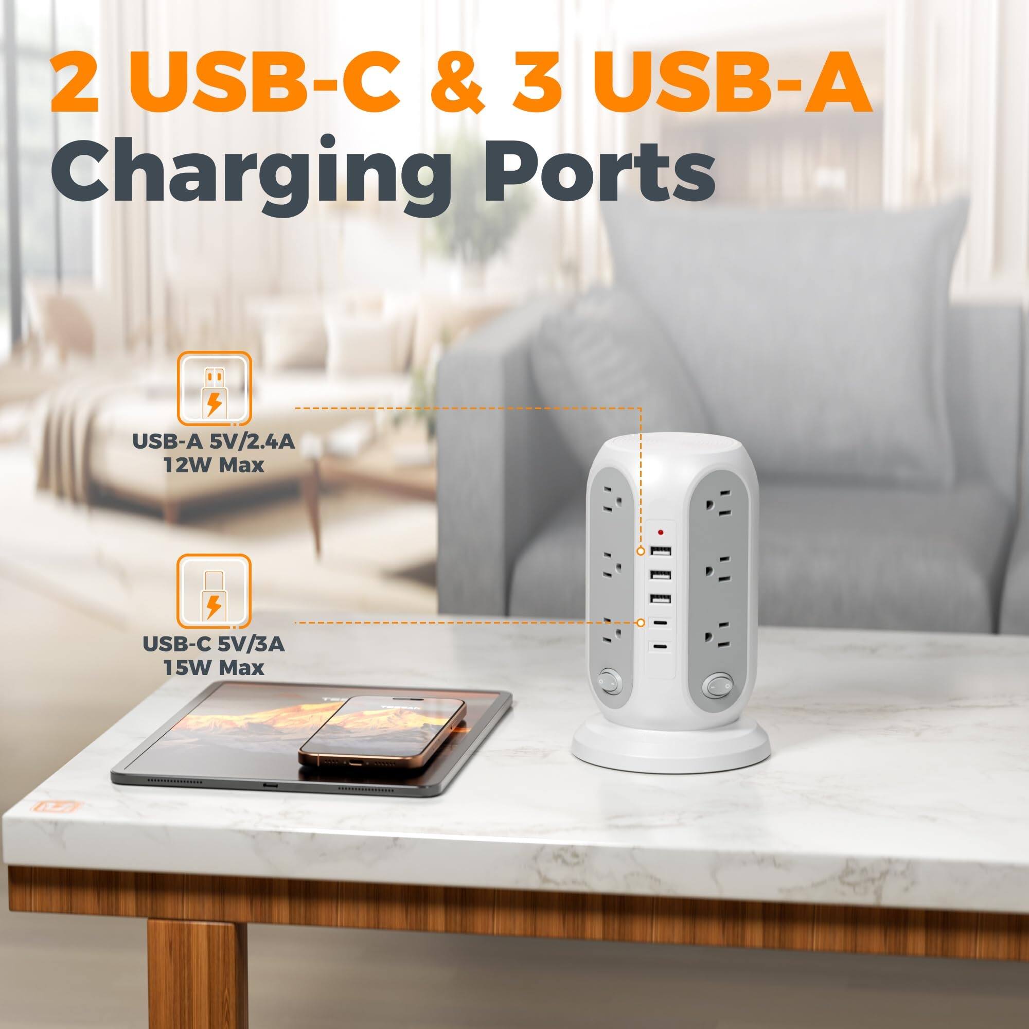 2 USB-C & 3 USB-A Charging Ports

USB-A 5V/2.4A 12W Max

USB-C 5V/3A 15W Max