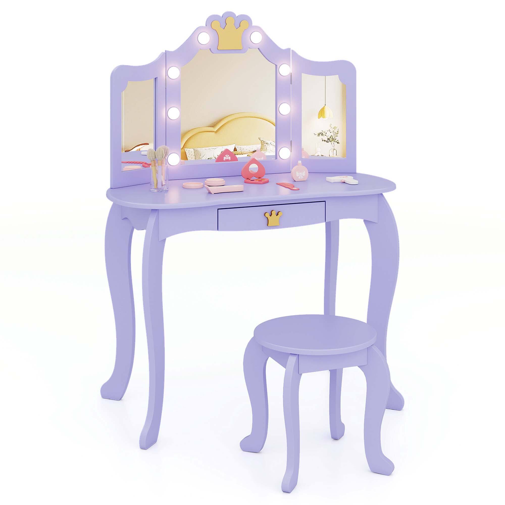 Alt View 9. Costway - Costway Kids Vanity Set Princess Vanity Table & Chair Set with Lighted Mirror - Purple.