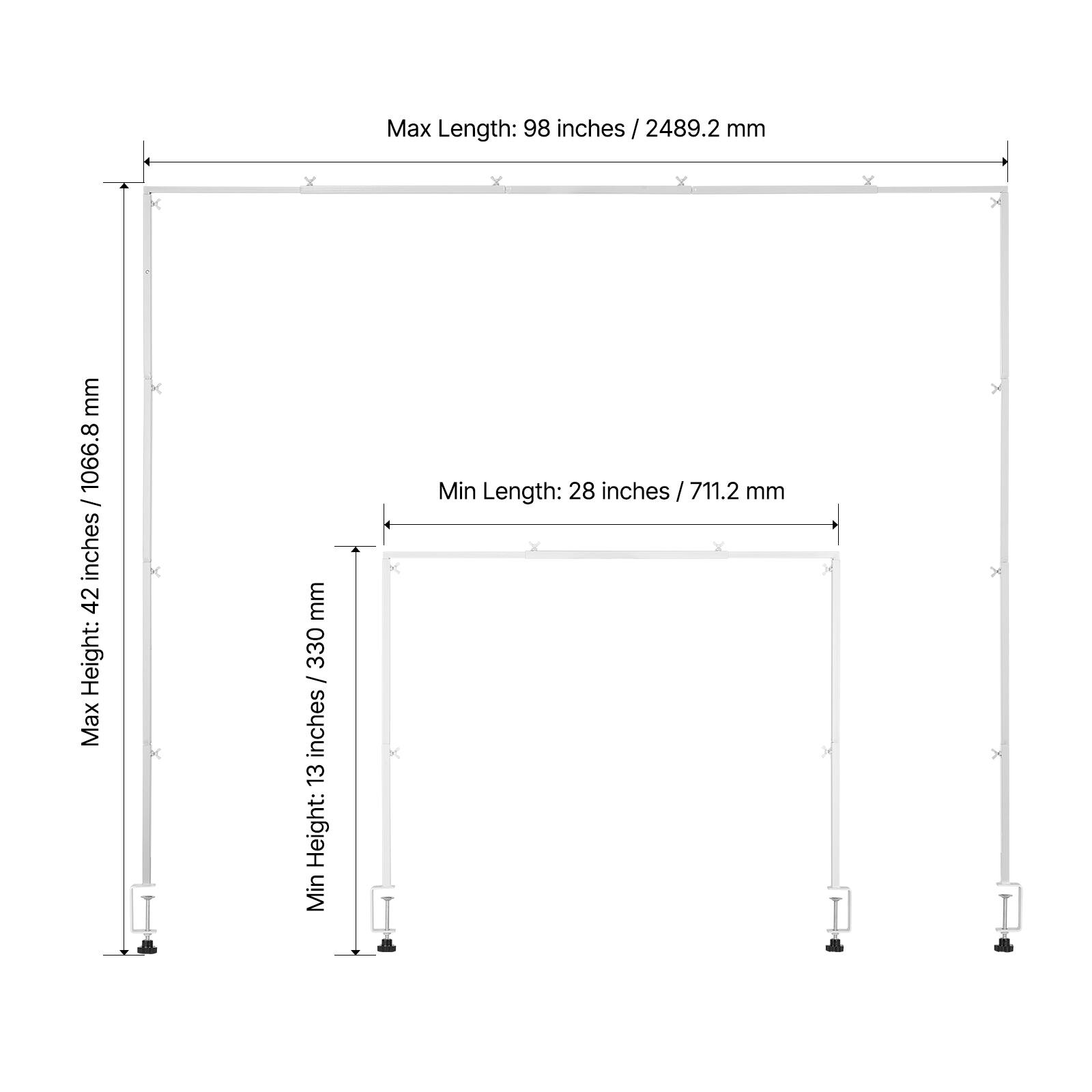 Max Length: 98 inches / 2489.2 mm

Max Height: 42 inches / 1066.8 mm

Min Height: 13 inches / 330 mm

Min Length: 28 inches / 711.2 mm