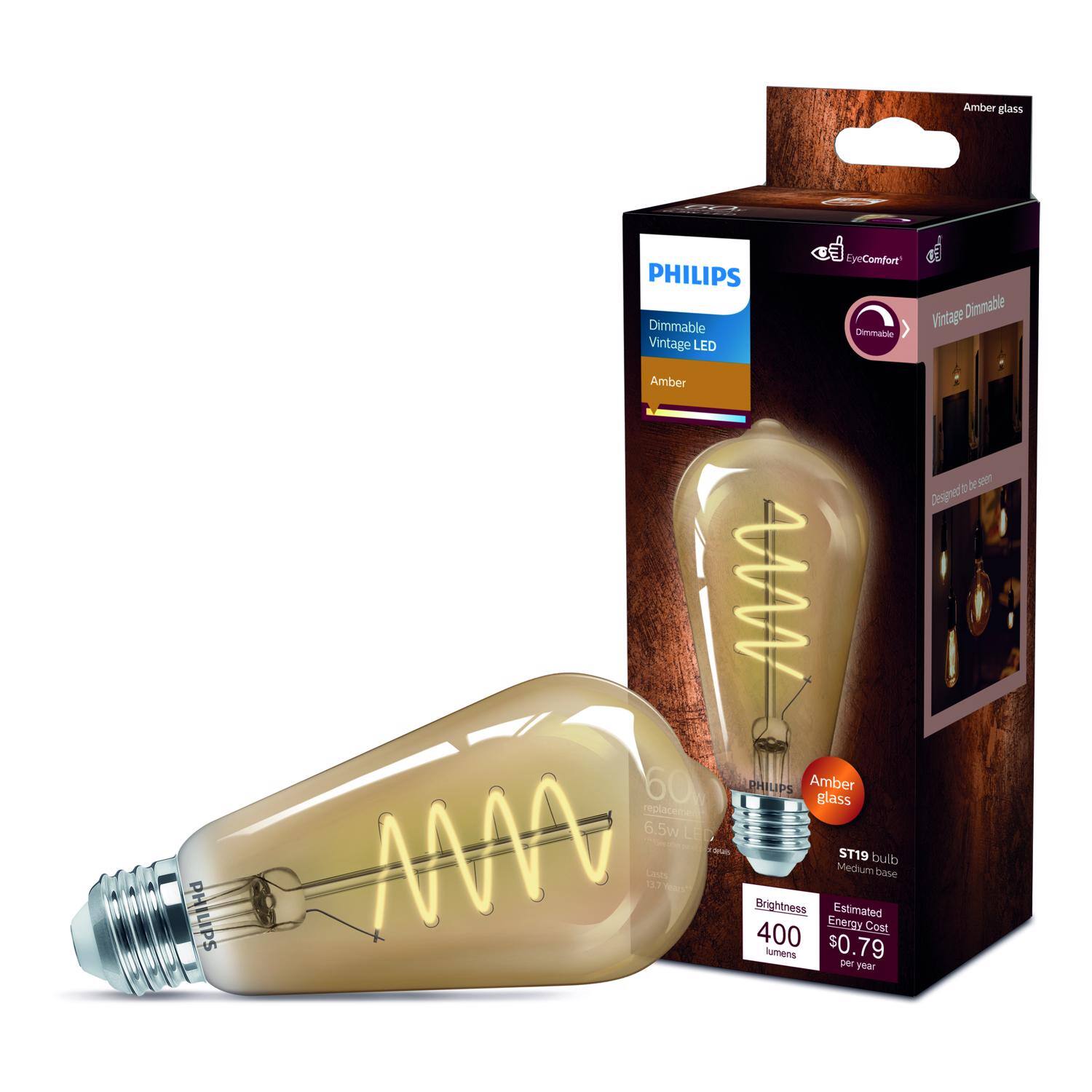 Amber glass PHILIPS Dimmable Vintage LED CF EyeComfort d5 Vintage Dimmable Cimmakie Amber PHILIPS DUN 60 PHIUPS Amber glass replaced 6.5w LEE ST19 bulb Medium base 13.7 - Brightness Estimated Energy Cost 400 $0.79 lumens per year Design