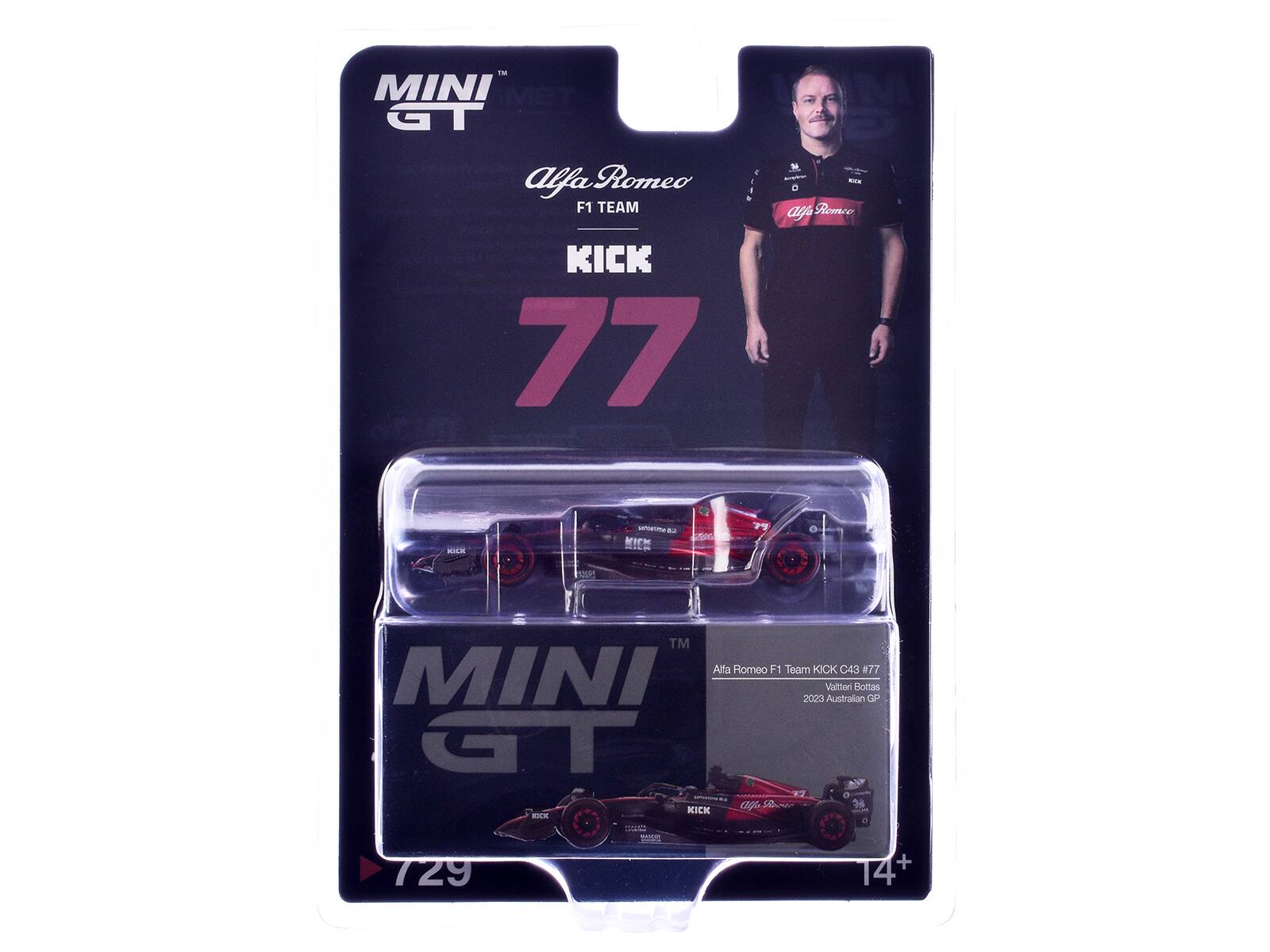 MINI GT  
Alfa Romeo F1 TEAM  
KICK 77  
SE Dags Romco N senuetie M Ste 7 e TM Alla Romeo F1 Team ICK C43 877  
MINI 2029 Vatteri Australian Bottas GP G 13 p.  
s 36 KICK KICK d 729 edE 14+