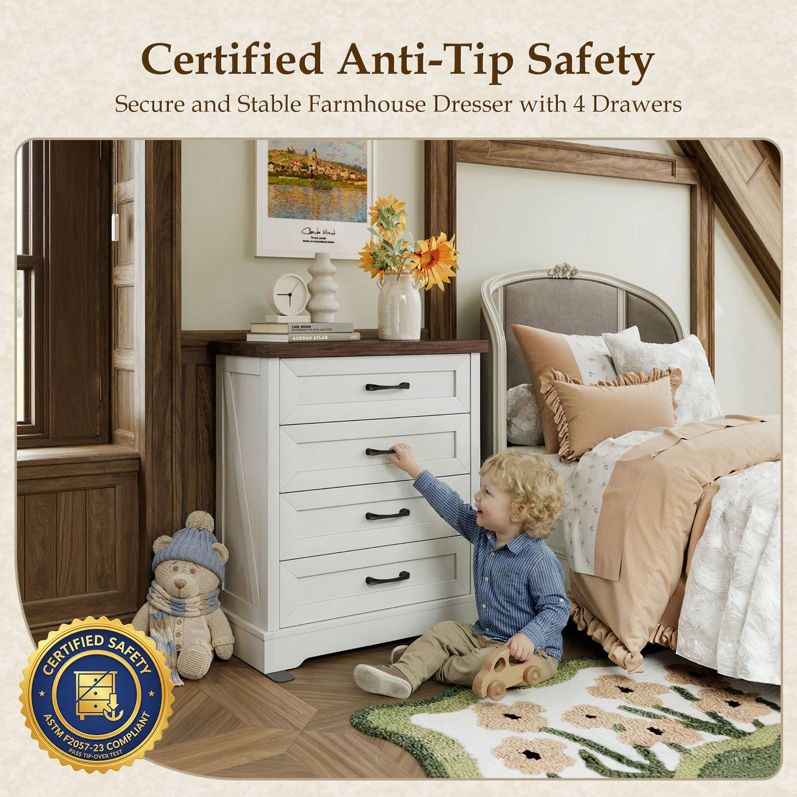 Certified Anti-Tip Safety  
Secure and Stable Farmhouse Dresser with 4 Drawers  

- w......d 4D.AS CERTIFIED SAFETY ASTM F2057-25 ASTM COMPLIANT LIANT F2057-23 PARS 23 COMP PI-OVER TECT F
