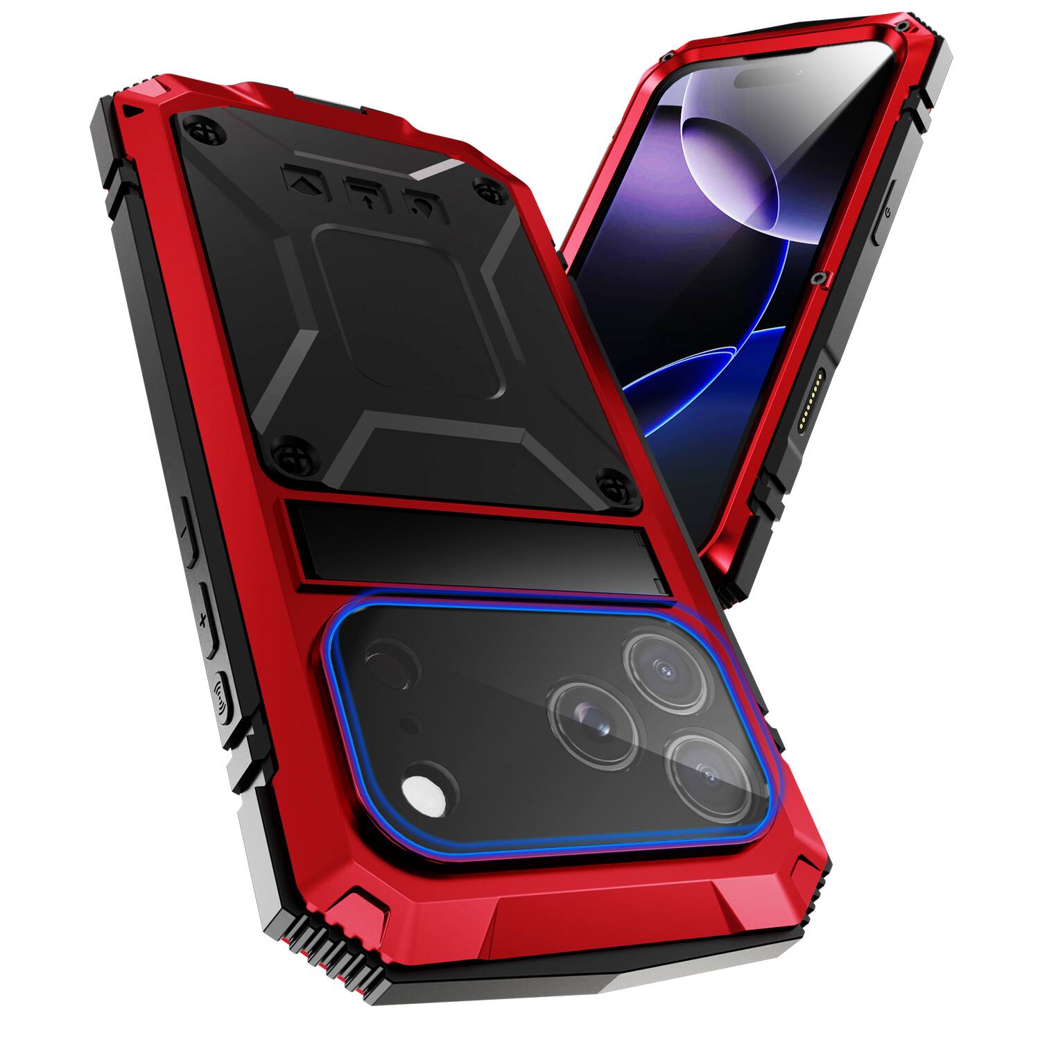 Angle. Dteck - For iPhone 17 Pro Max Case Outdoor Sports Kickstand Rugged Heavy Duty Full Body Cover with Built in Screen Protector - Red.