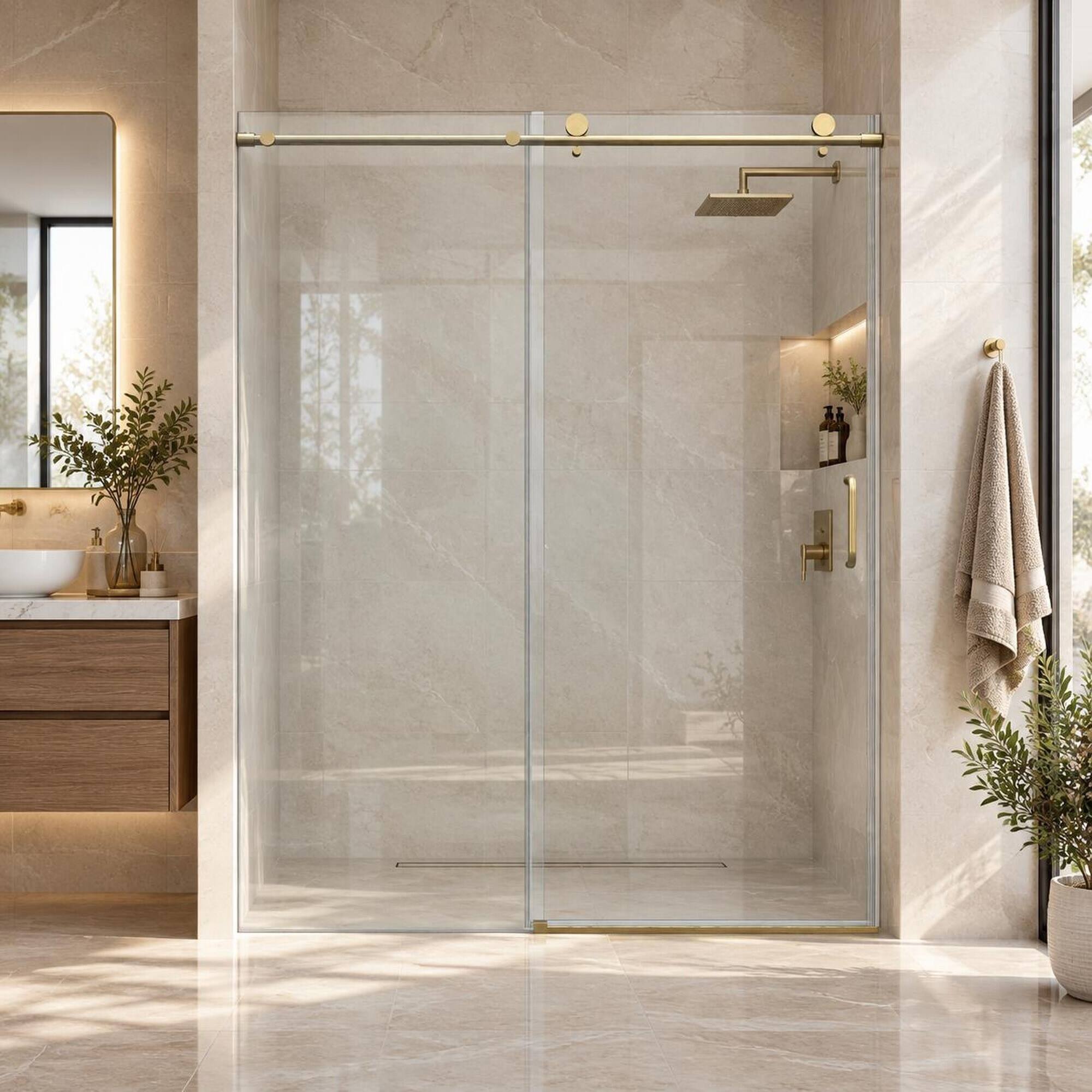 Angle. RYHNUYNE - 56-60 In W X 76 In H Single Sliding Shower Door, 1/4 In Clear Tempered Glass Brushed Gold Finish - Brushed Gold.